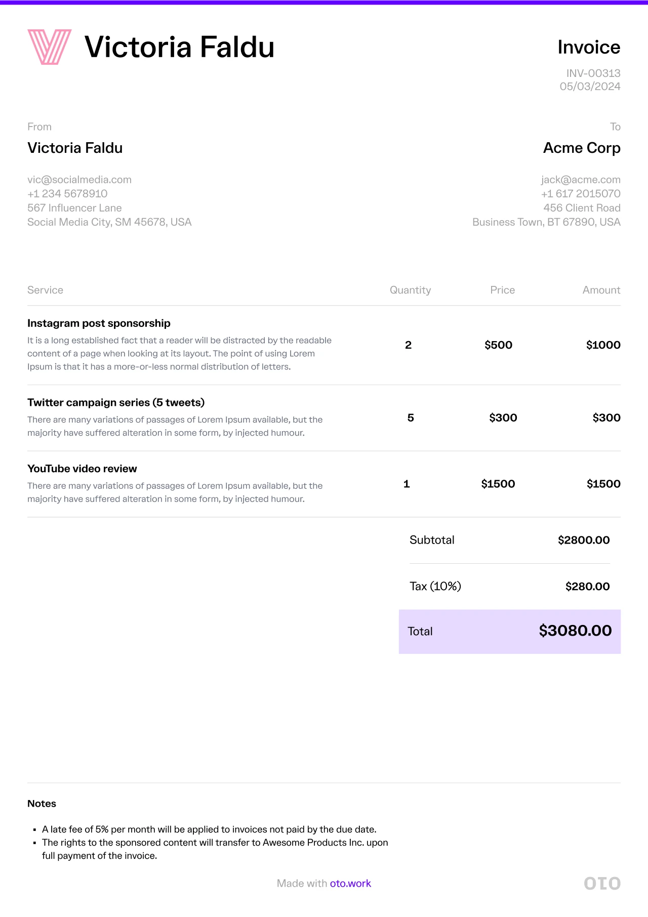 Influencer Invoice Template