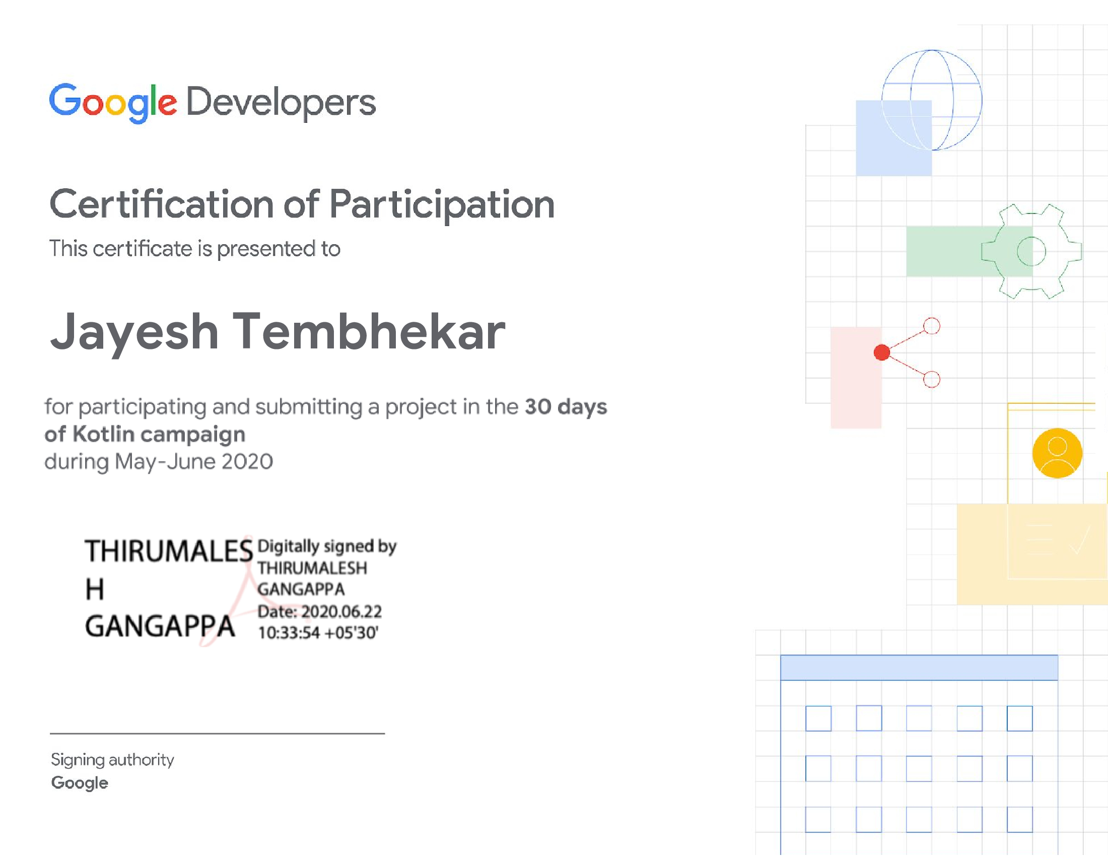 Certificate of Participation 30 Days of Kotlin