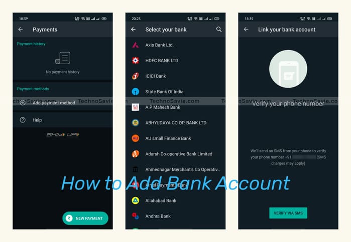 Screenshots of How to Add Bank Account on WhatsApp