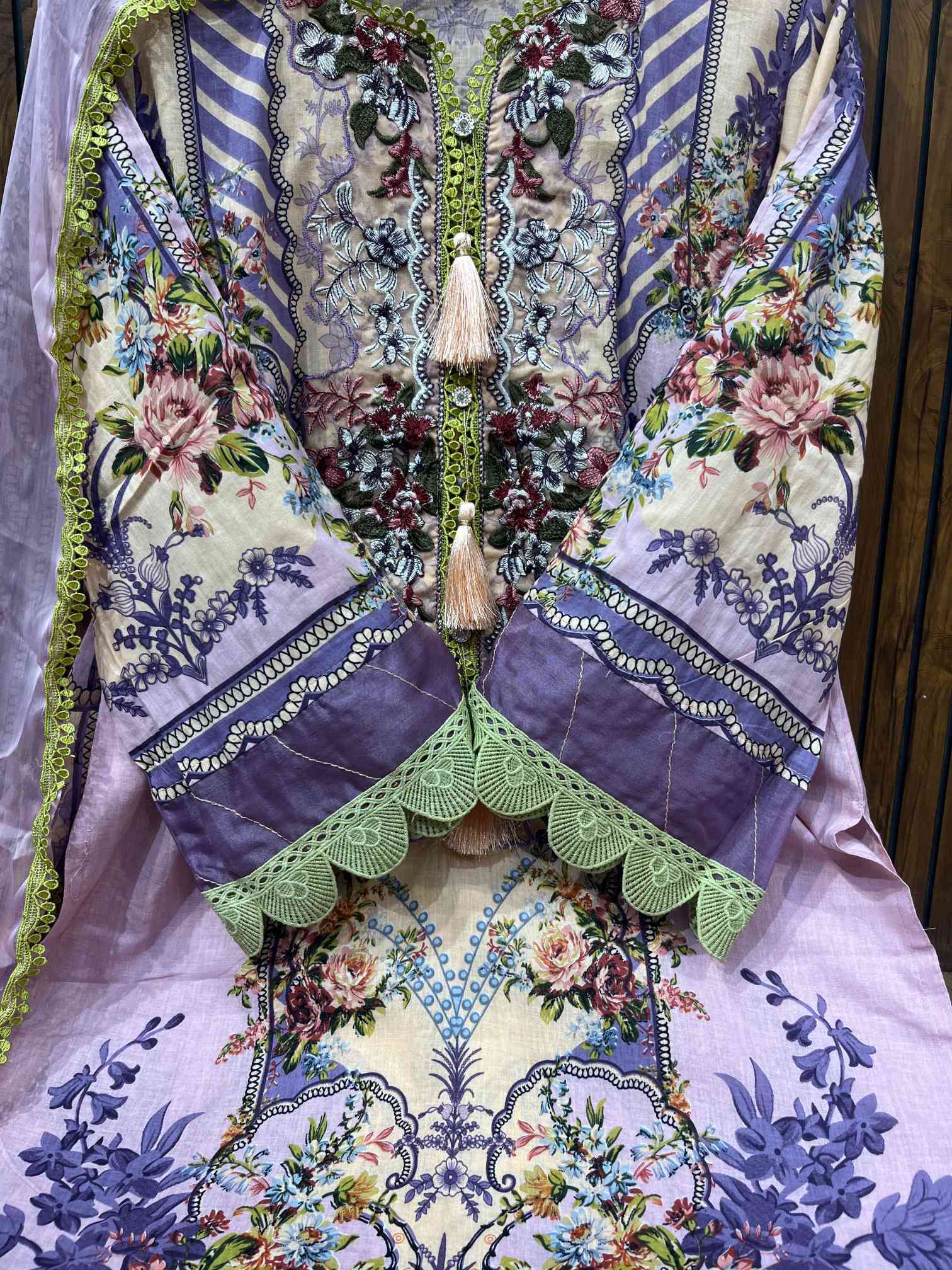 Lavender Bloom Embroidered Pure Cotton Suit with Lace Detail Dupatta-1