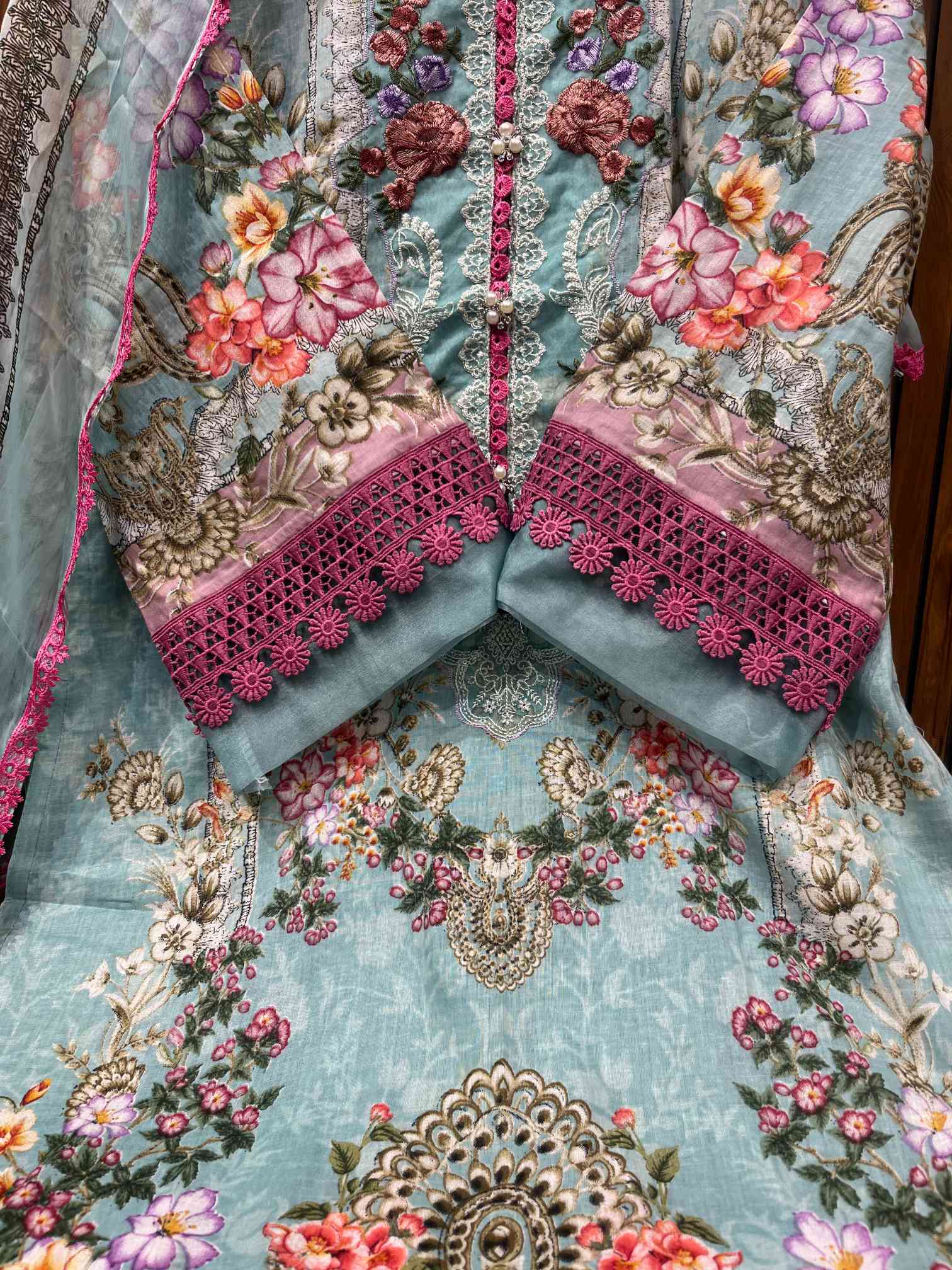 Aqua Blue Floral Embroidered Pure Cotton Suit with Lace Dupatta-1