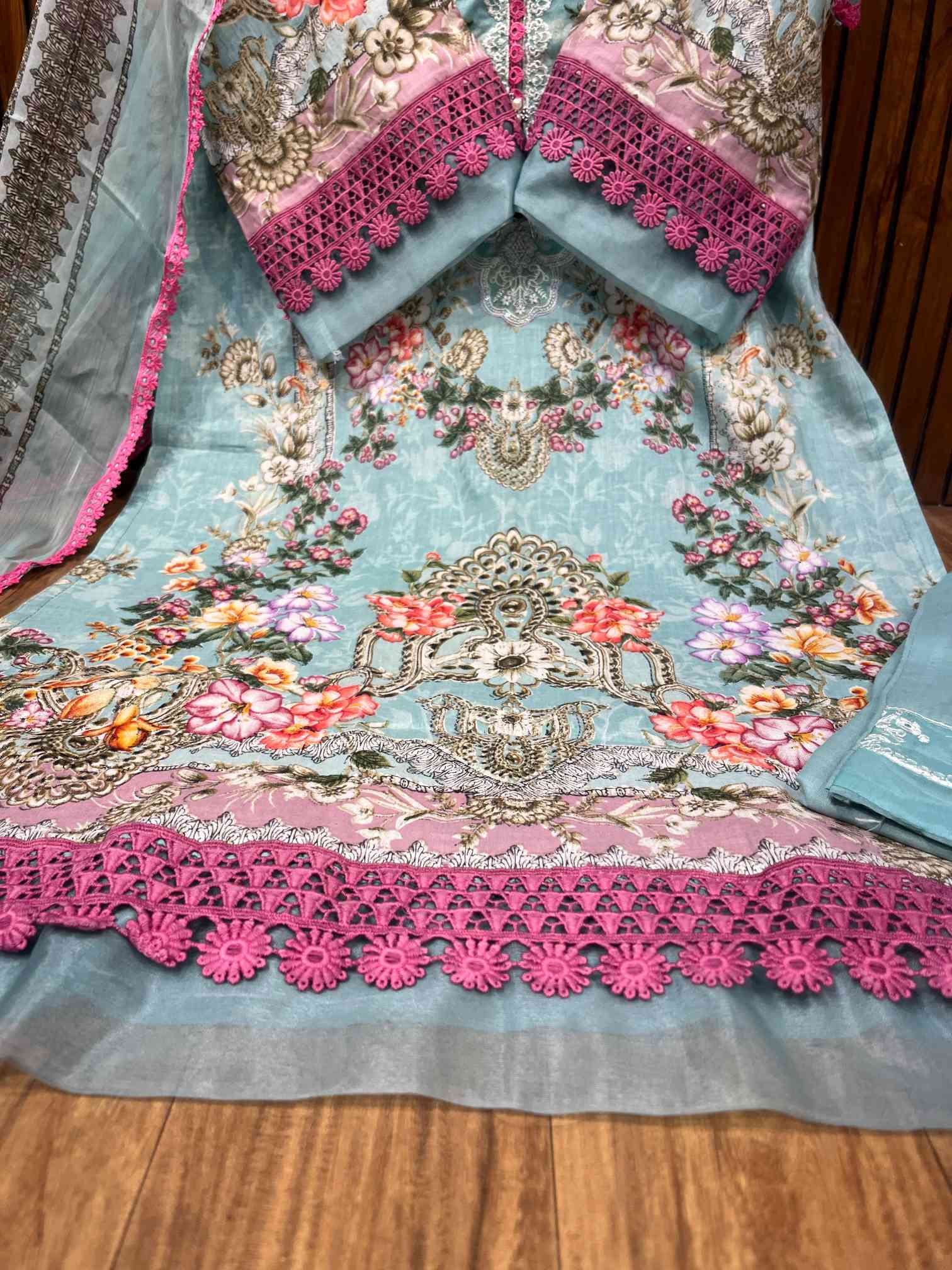 Aqua Blue Floral Embroidered Pure Cotton Suit with Lace Dupatta-2