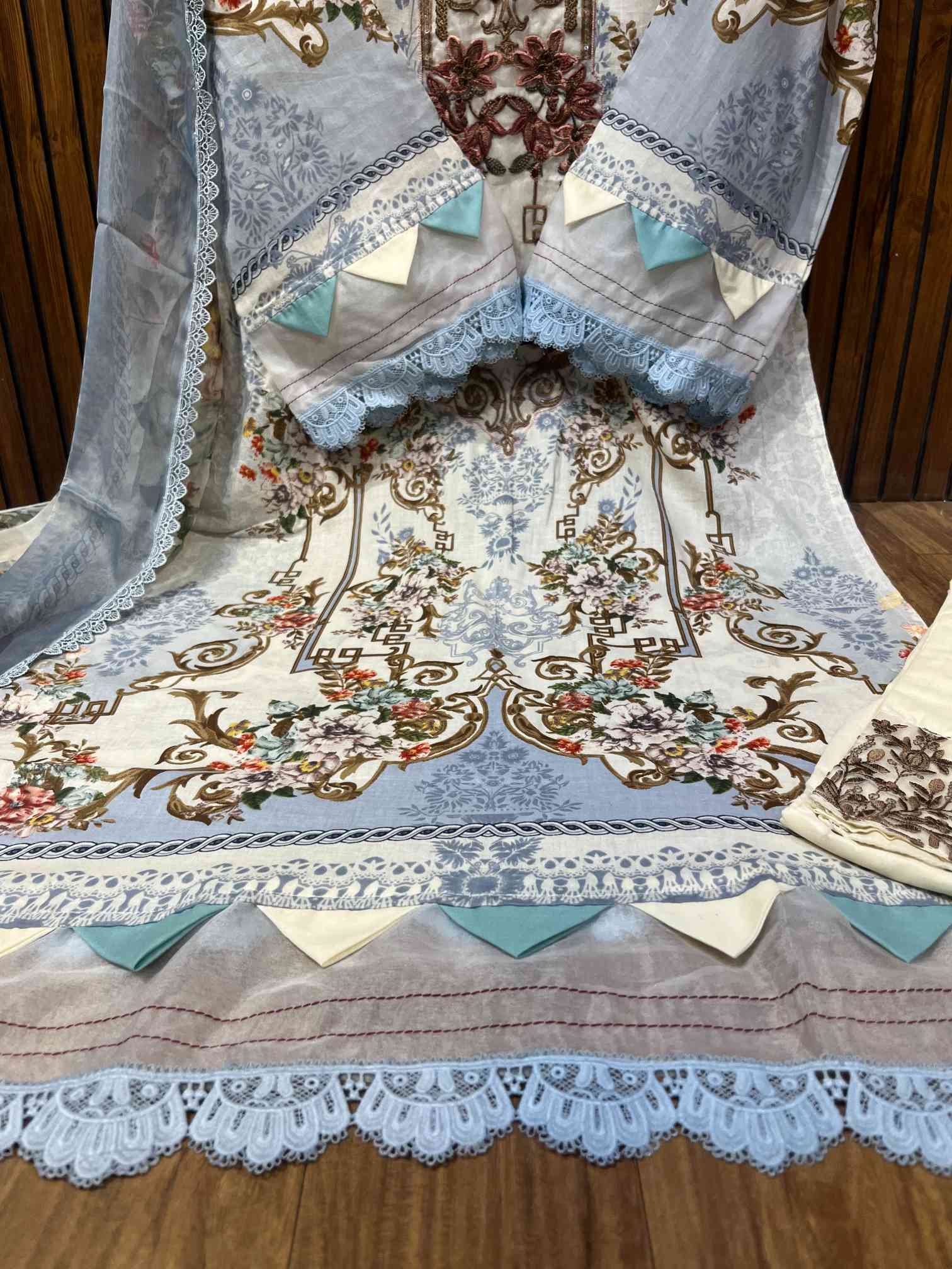Sky Grey Embroidered Pure Cotton Suit with Lace Dupatta-1