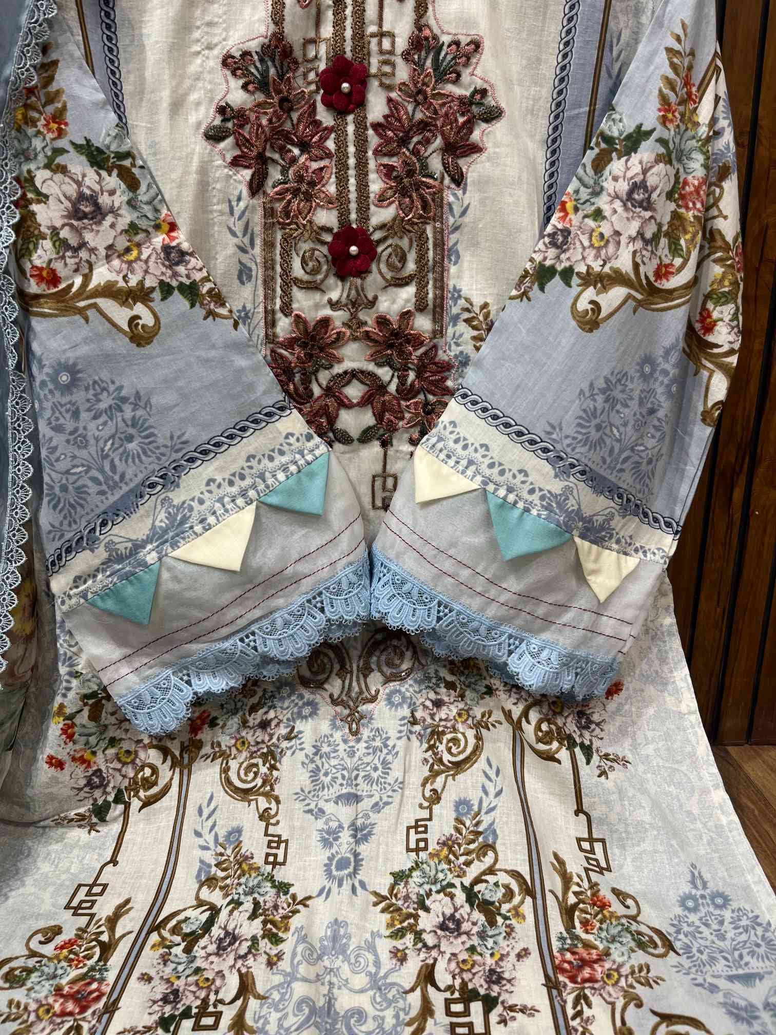 Sky Grey Embroidered Pure Cotton Suit with Lace Dupatta-2