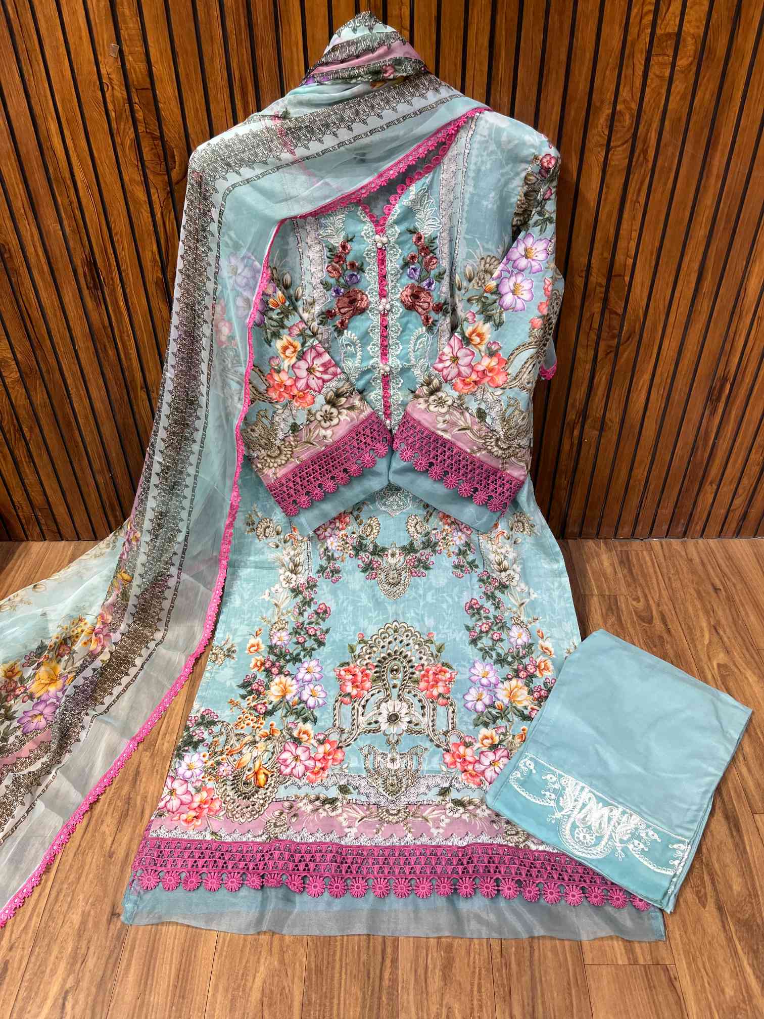 Aqua Blue Floral Embroidered Pure Cotton Suit with Lace Dupatta-0