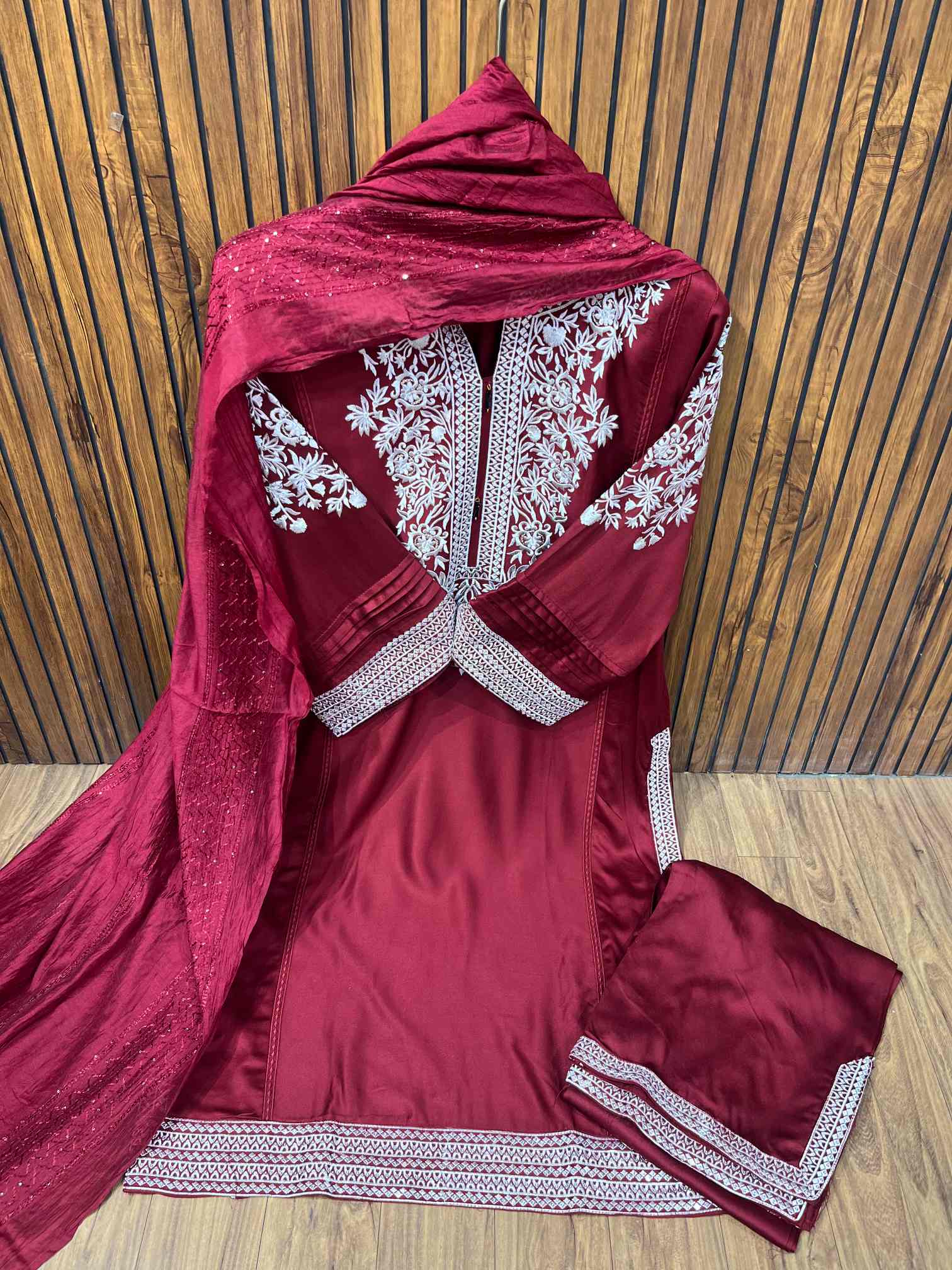 Wine Red Premium Rayon Cotton Embroidered Suit with Printed Dupatta-0
