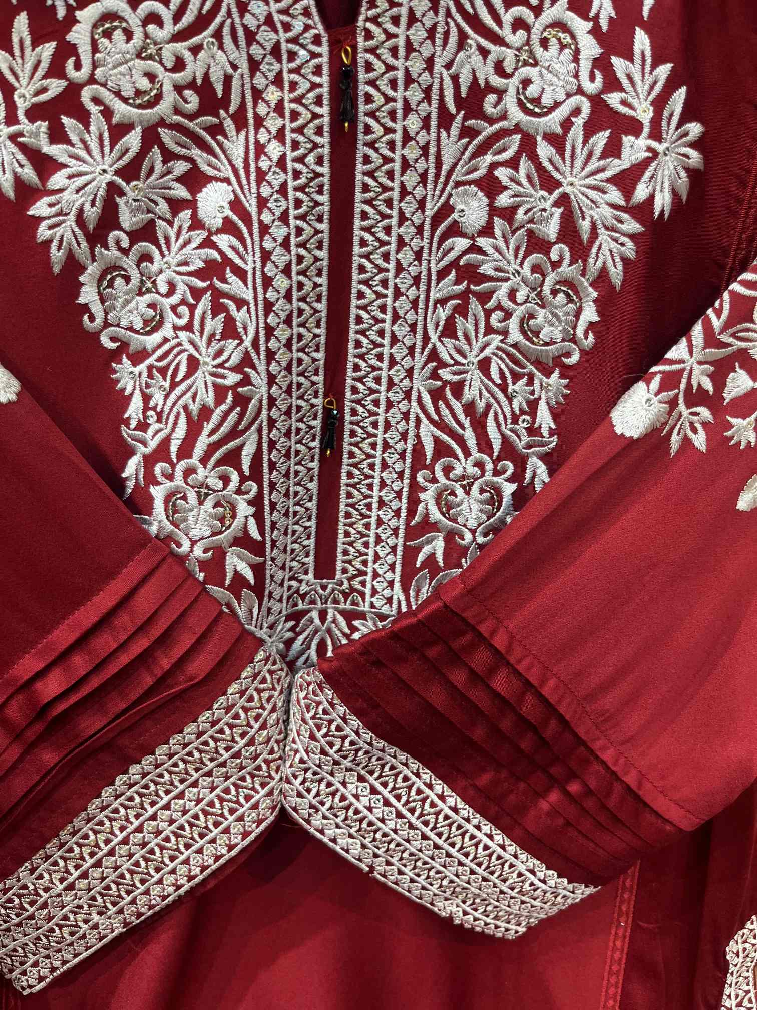 Wine Red Premium Rayon Cotton Embroidered Suit with Printed Dupatta-1
