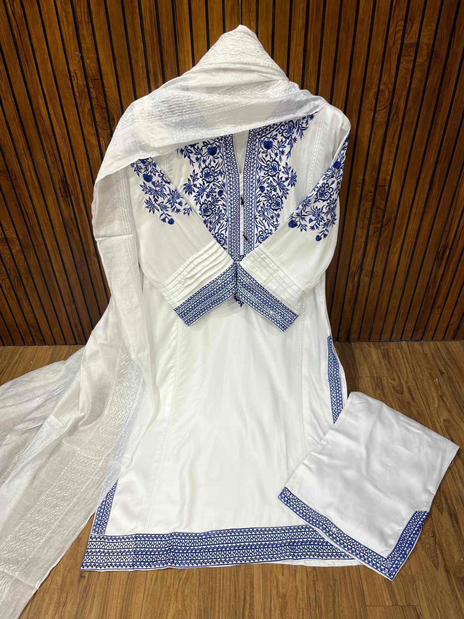 White & Royal Blue Premium Rayon Cotton Embroidered Suit with Printed Dupatta-1