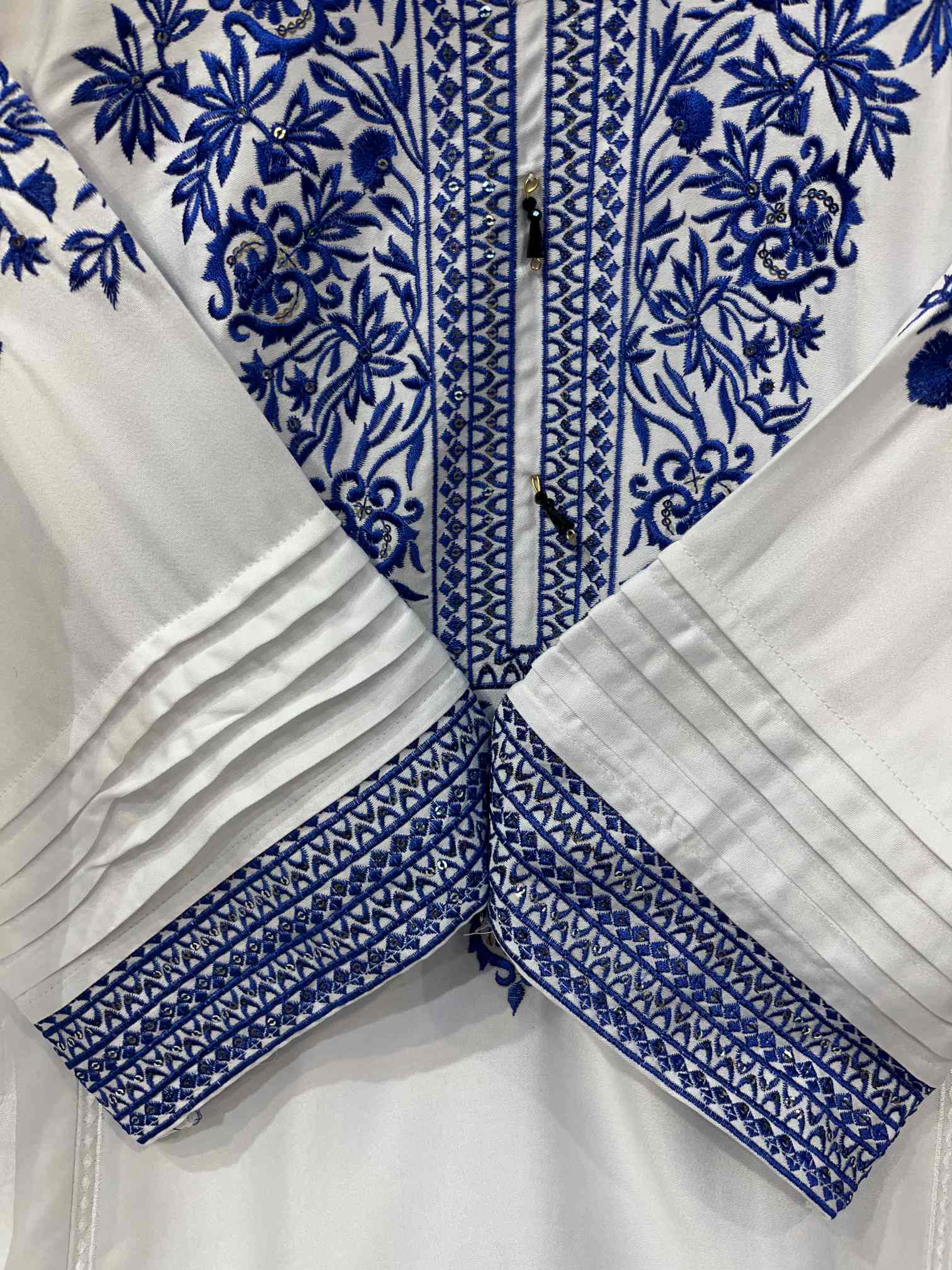White & Royal Blue Premium Rayon Cotton Embroidered Suit with Printed Dupatta-2