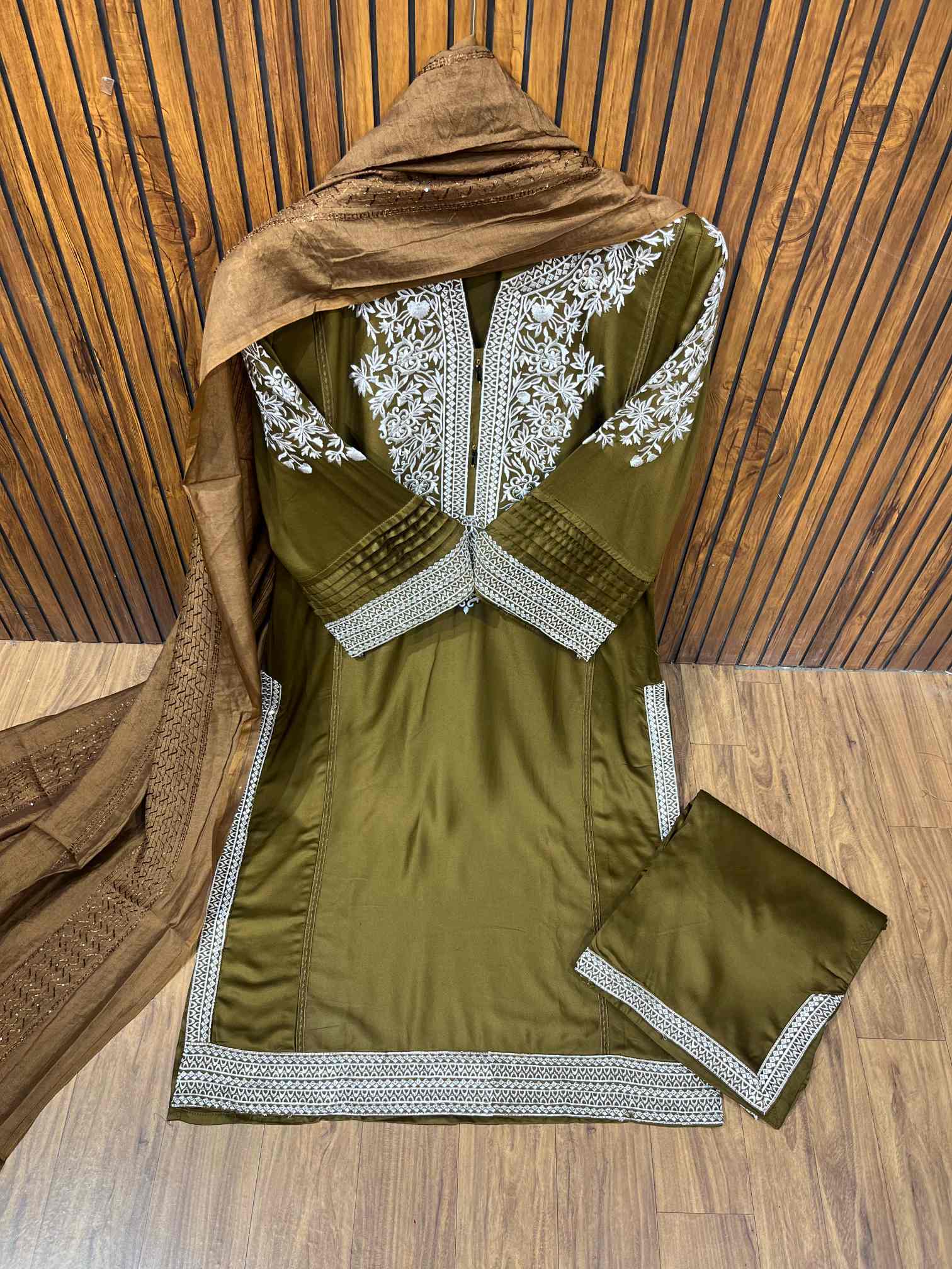 Olive Green Premium Rayon Cotton Embroidered Suit with Printed Dupatta-0