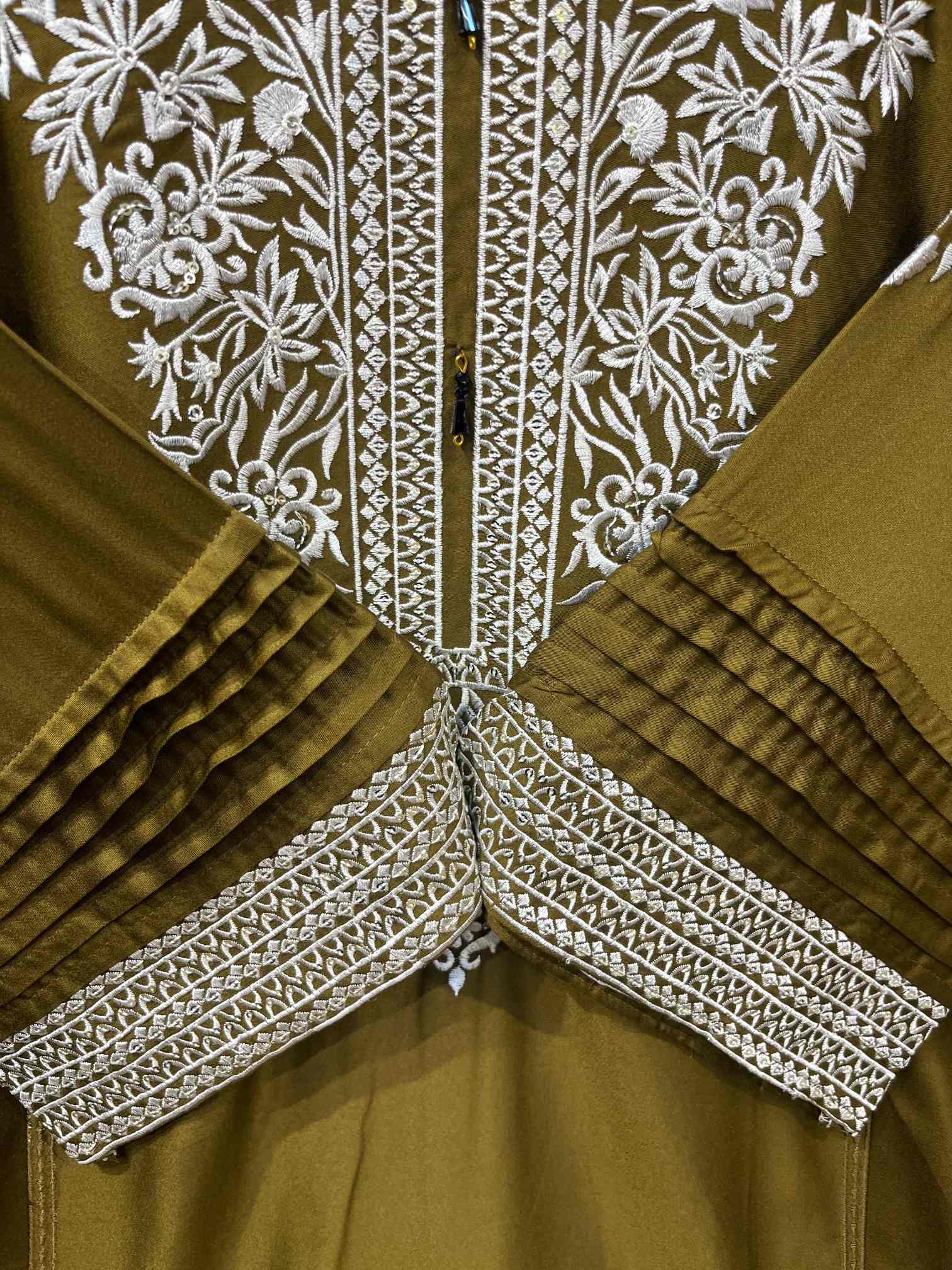 Olive Green Premium Rayon Cotton Embroidered Suit with Printed Dupatta-2