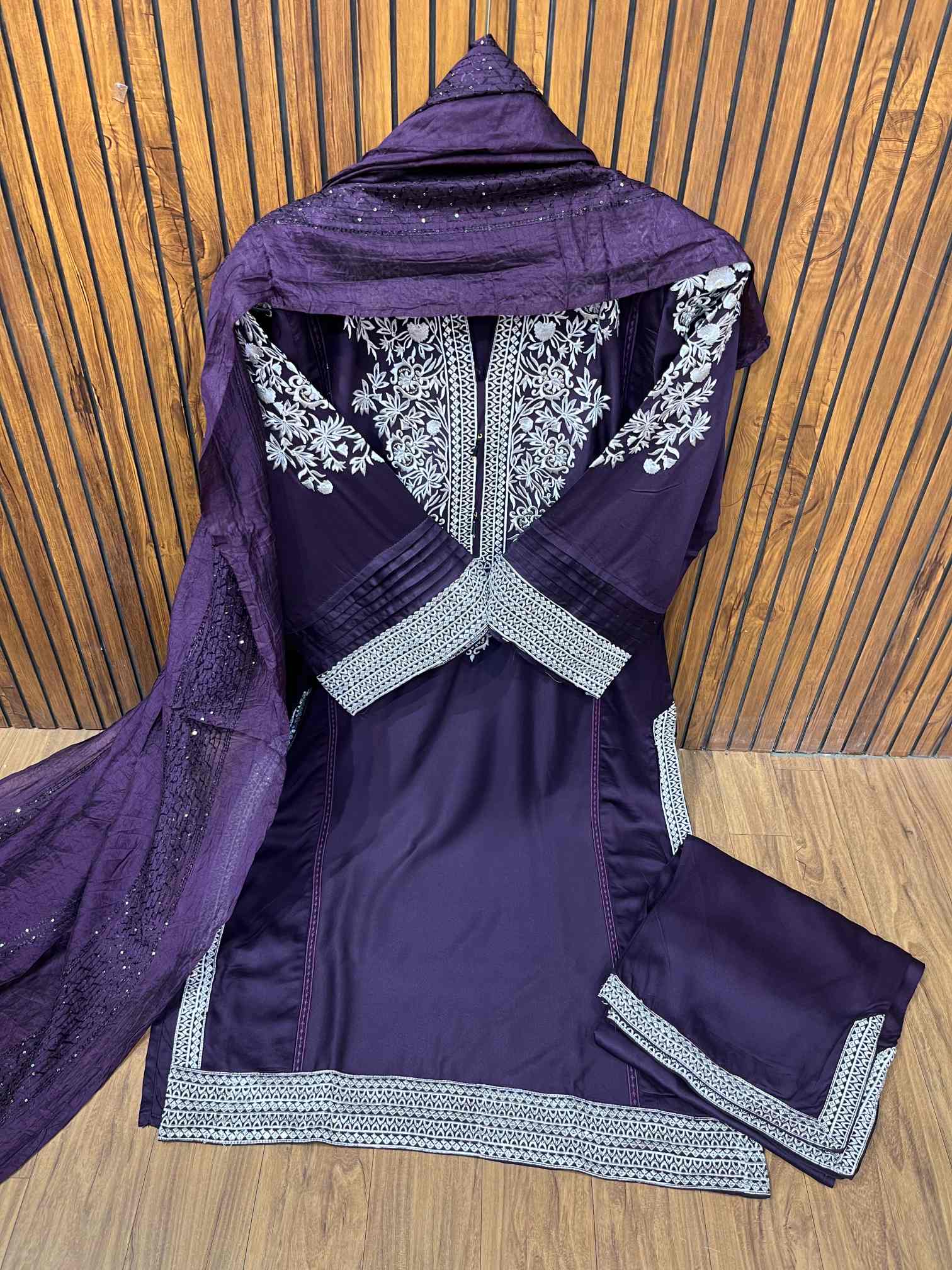 Deep Purple Premium Rayon Cotton Embroidered Suit with Printed Dupatta-1