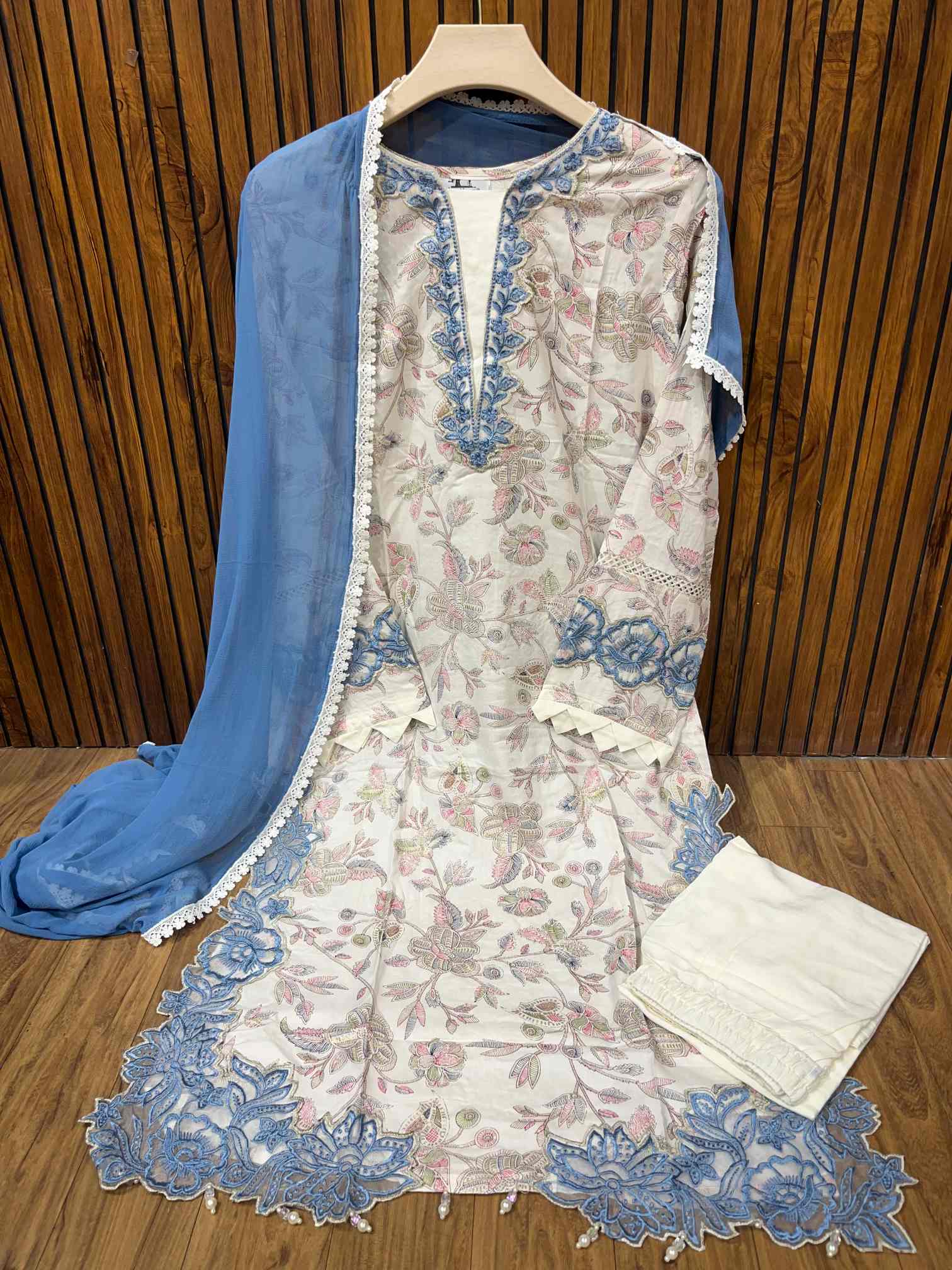 Sky Blue Floral Rayon Suit