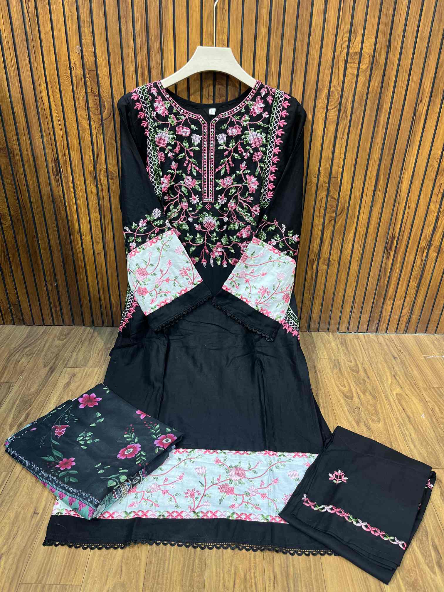 Black & Pink Premium Rayon Cotton Embroidered Suit with Printed Dupatta-0