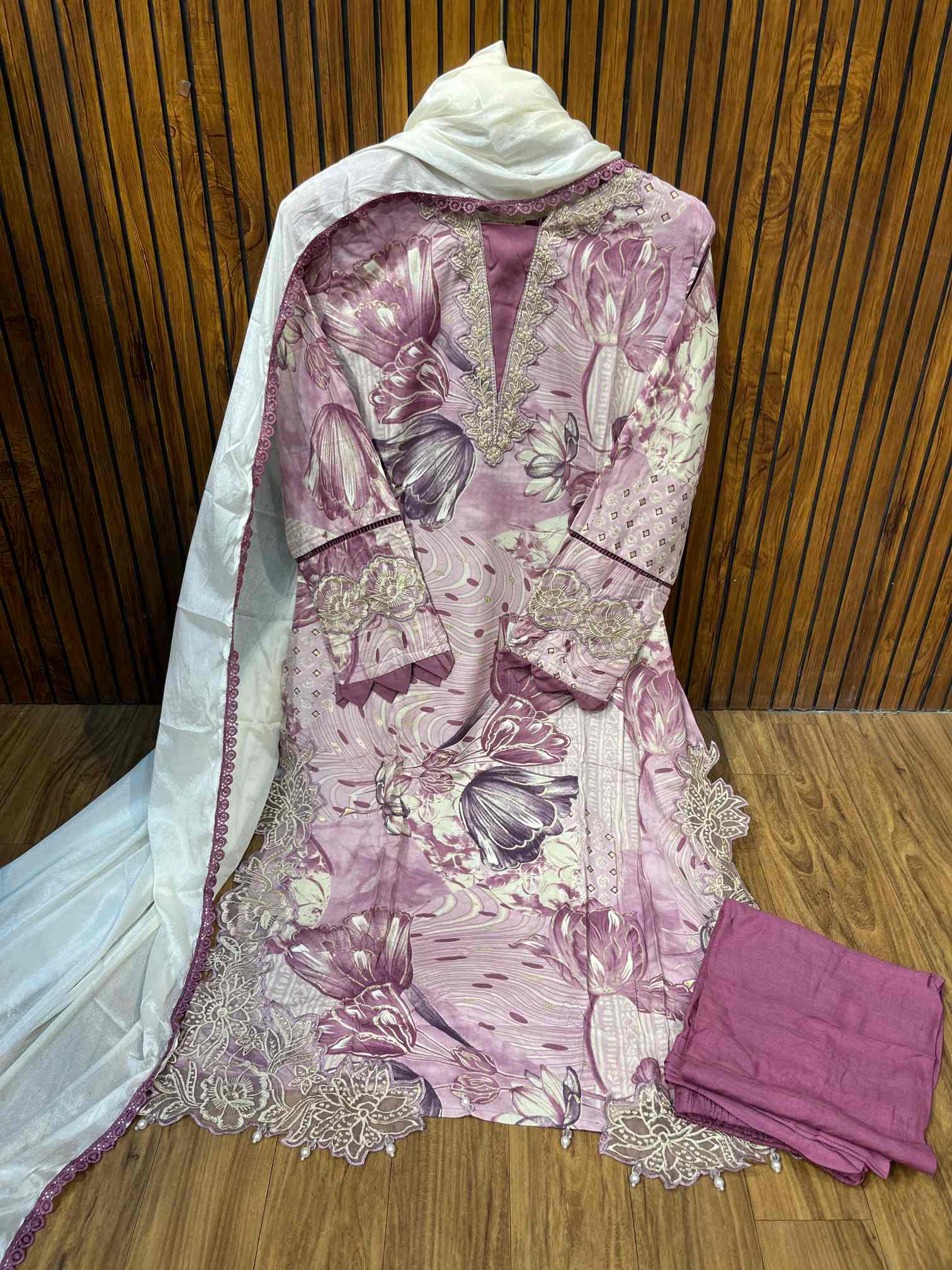 Dusty Pink Floral Premium Rayon Cotton Embroidered Suit with Chiffon Dupatta-0