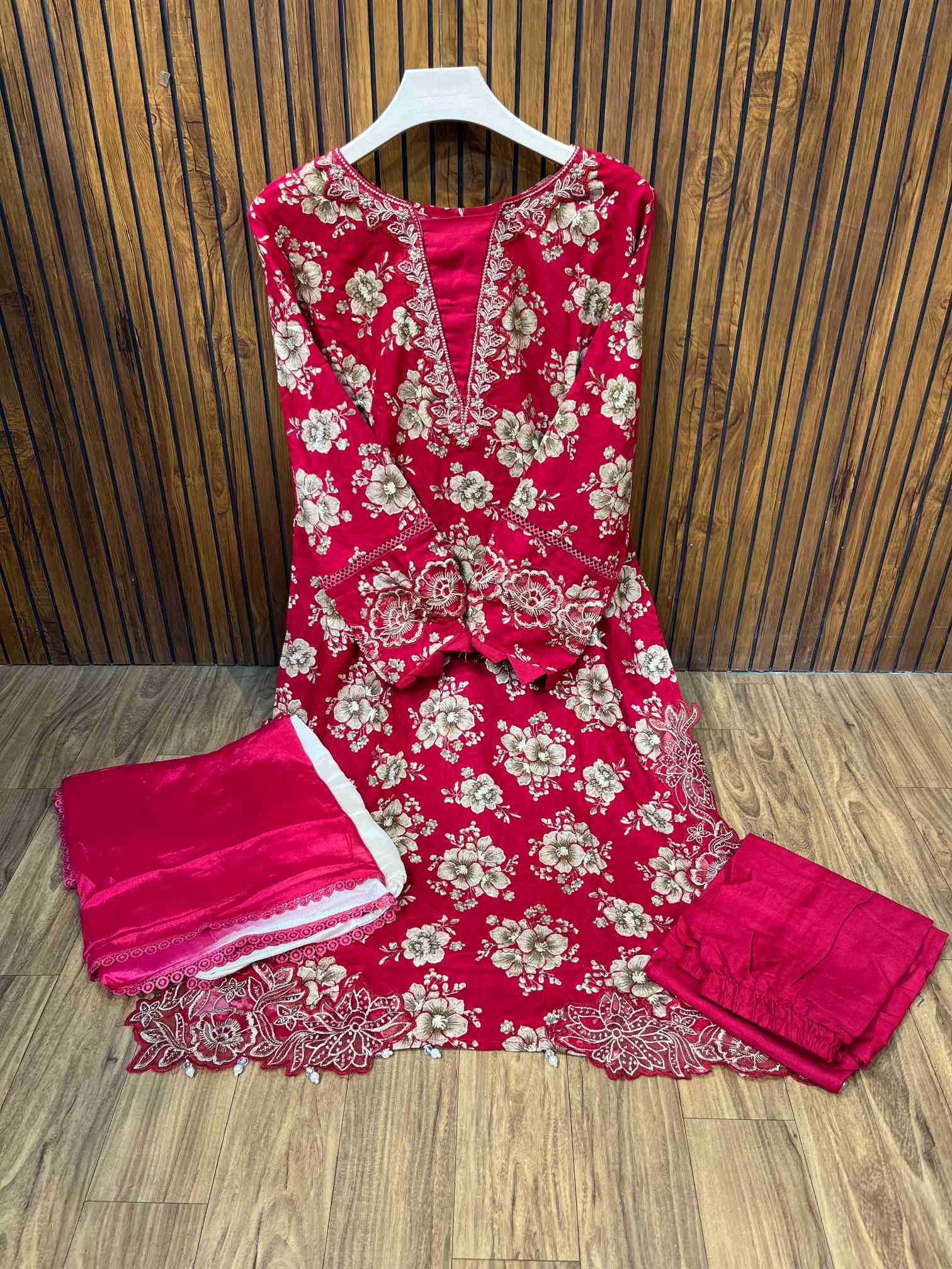 Ruby Pink Floral Premium Rayon Cotton Embroidered Suit with Chiffon Dupatta-0
