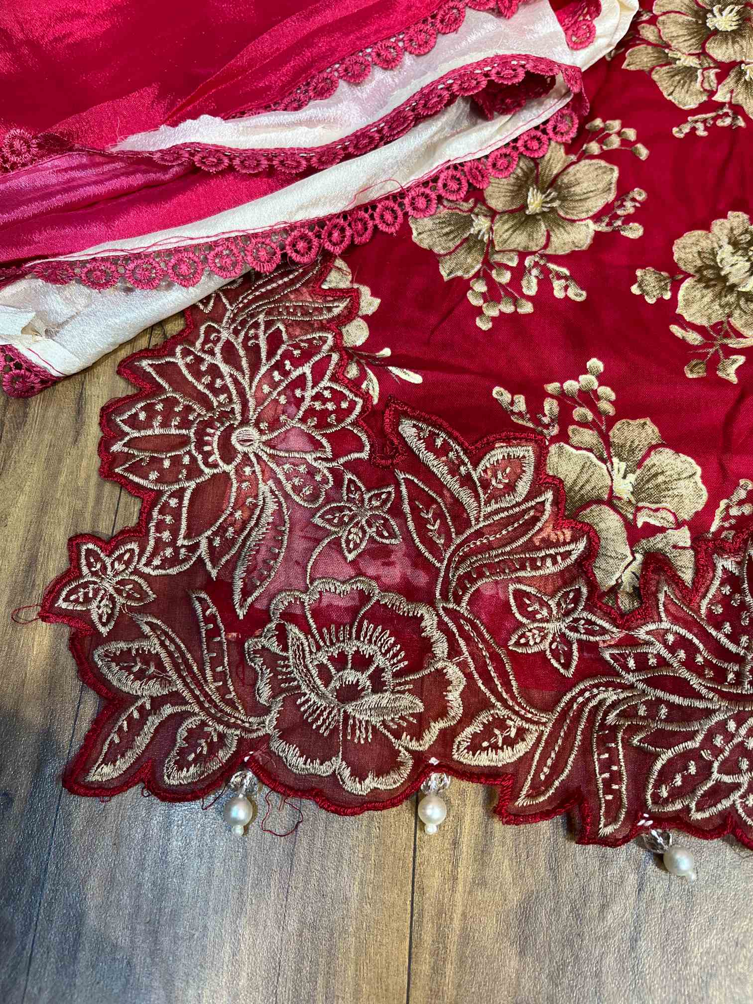 Ruby Pink Floral Premium Rayon Cotton Embroidered Suit with Chiffon Dupatta-2