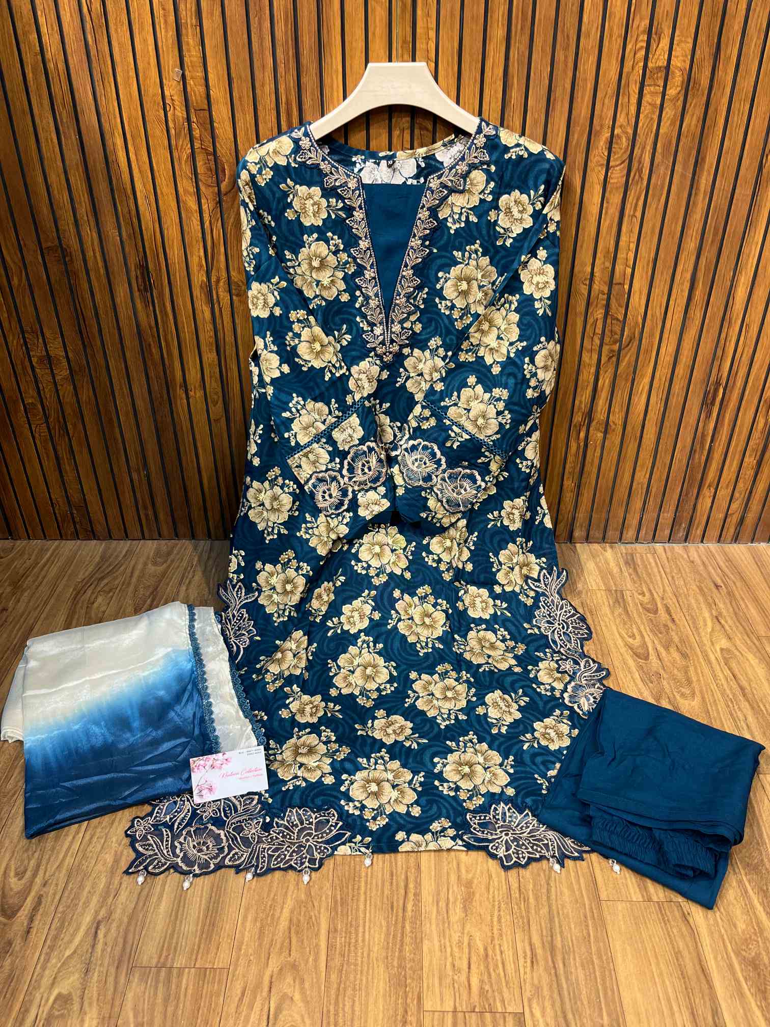 Navy Blue Floral Premium Rayon Cotton Embroidered Suit with Chiffon Dupatta-0
