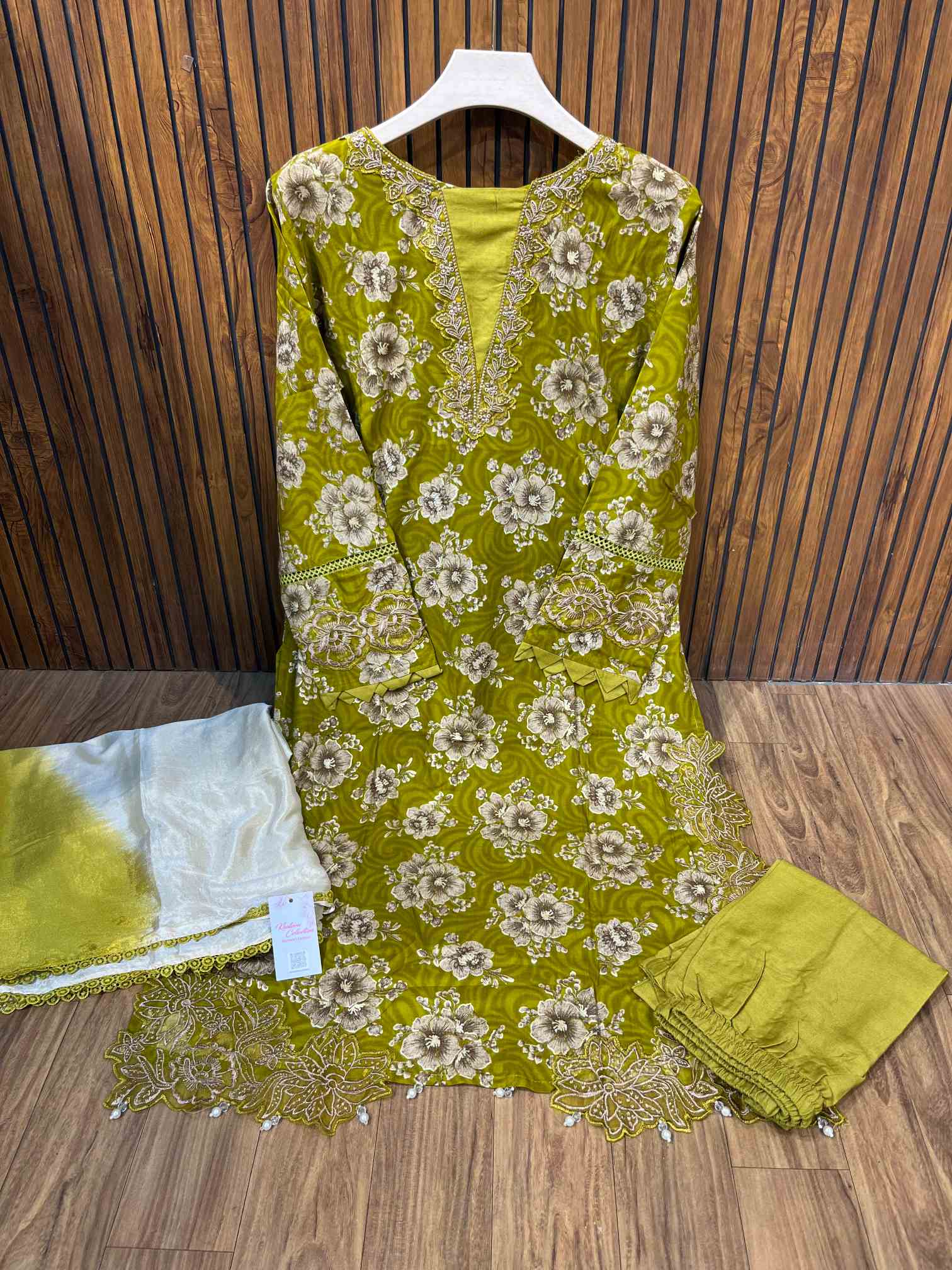 Mustard Green Floral Premium Rayon Cotton Embroidered Suit with Chiffon Dupatta-0