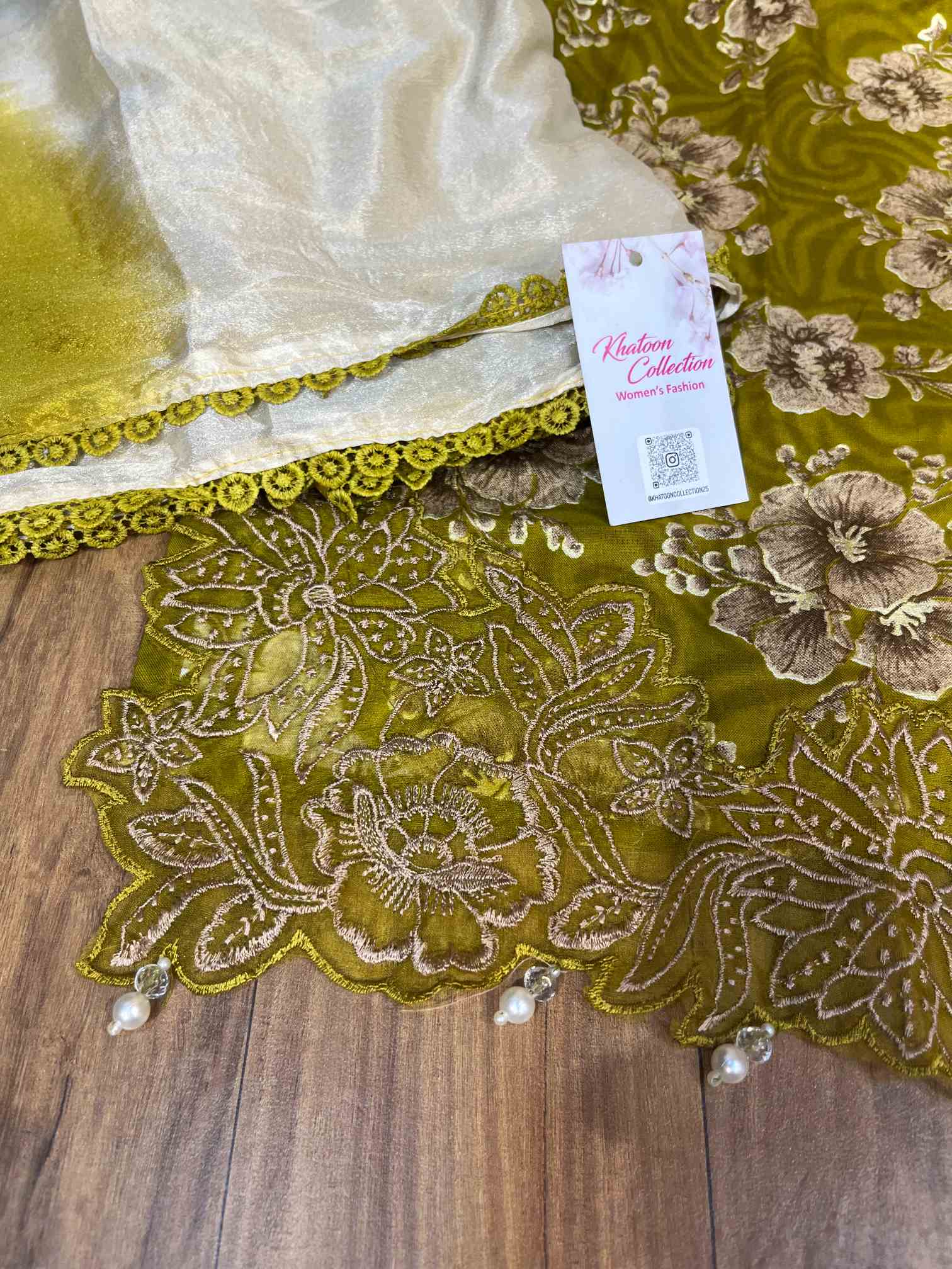 Mustard Green Floral Premium Rayon Cotton Embroidered Suit with Chiffon Dupatta-1