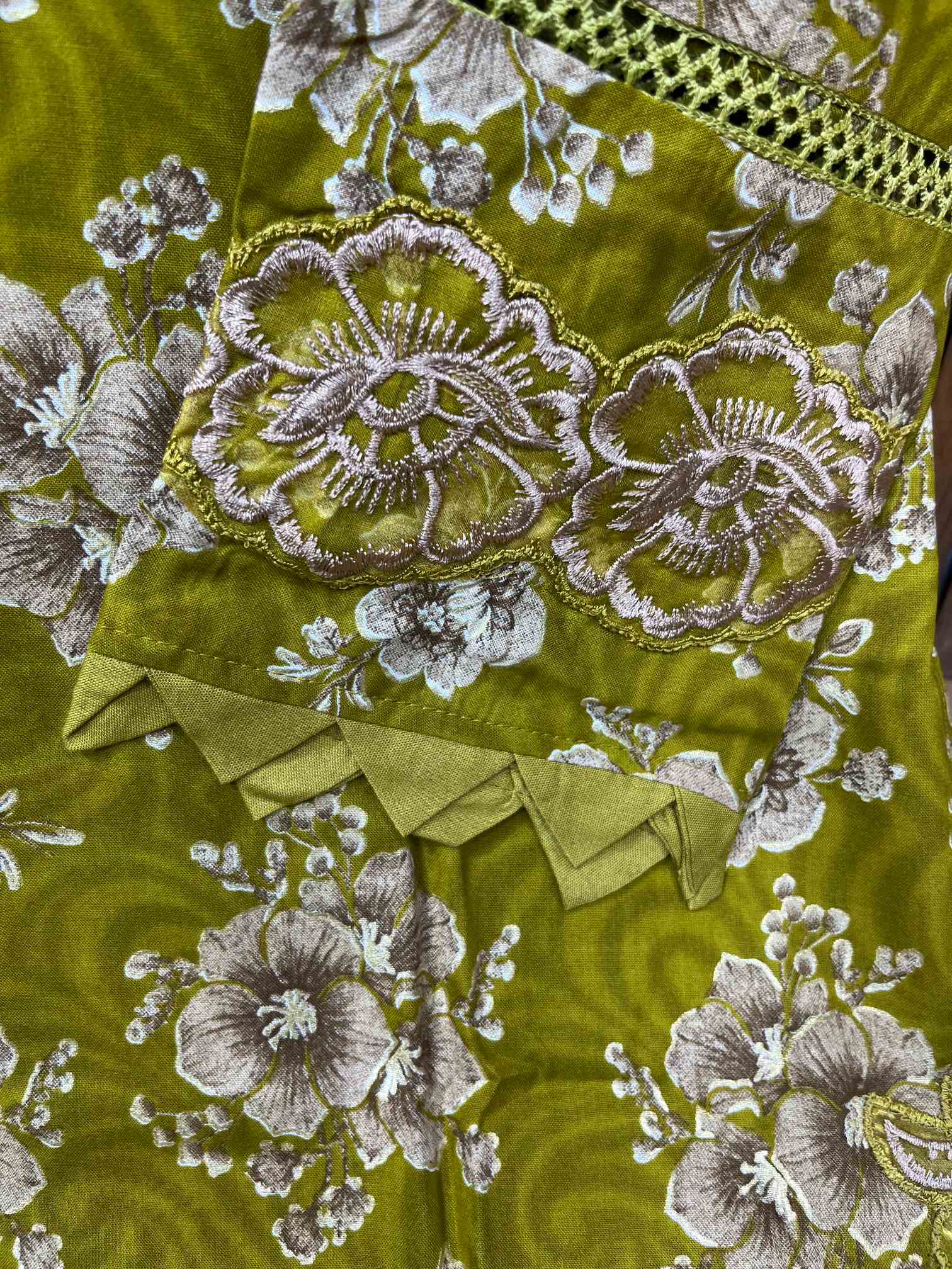Mustard Green Floral Premium Rayon Cotton Embroidered Suit with Chiffon Dupatta-2