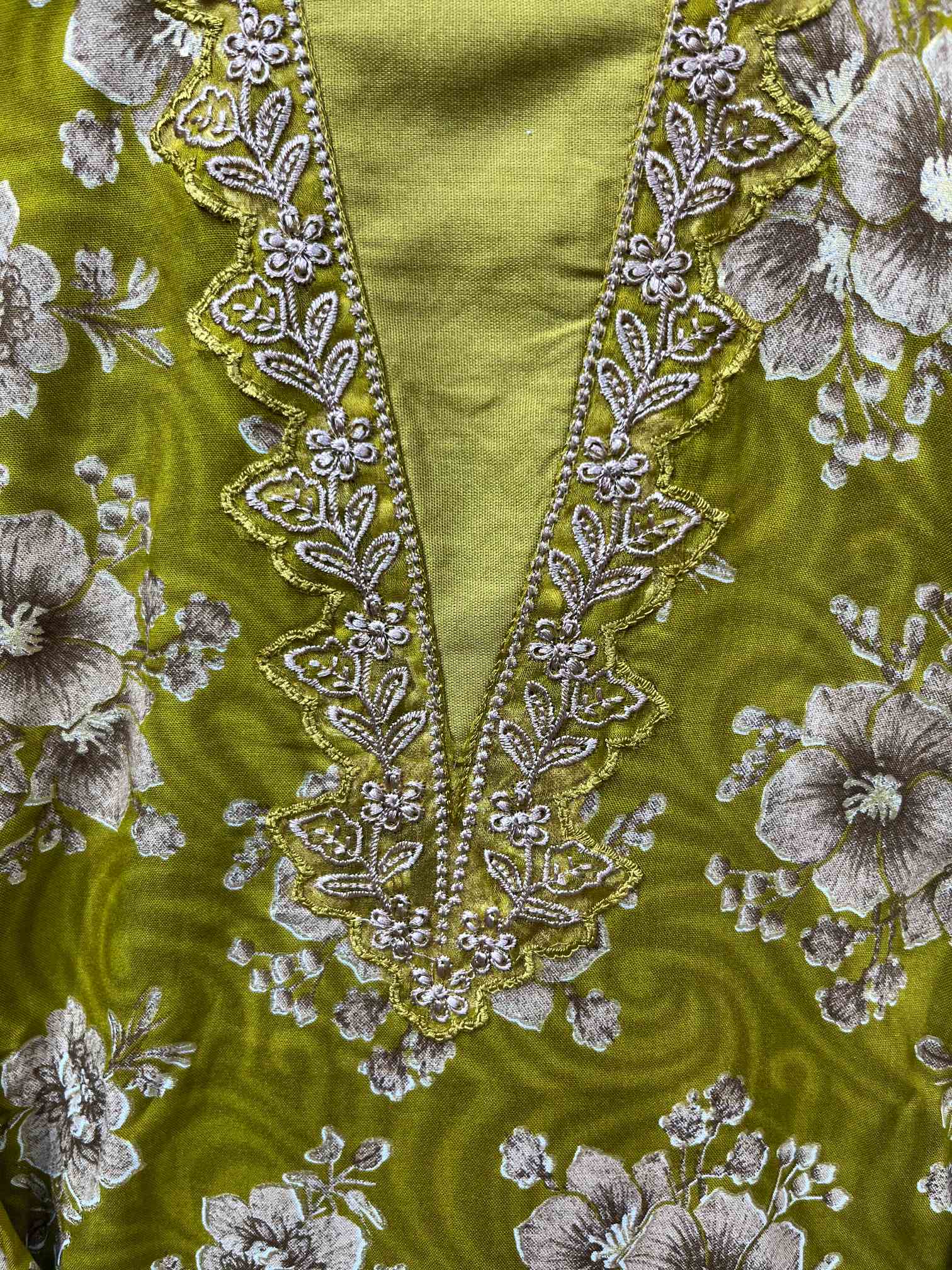 Mustard Green Floral Premium Rayon Cotton Embroidered Suit with Chiffon Dupatta-3