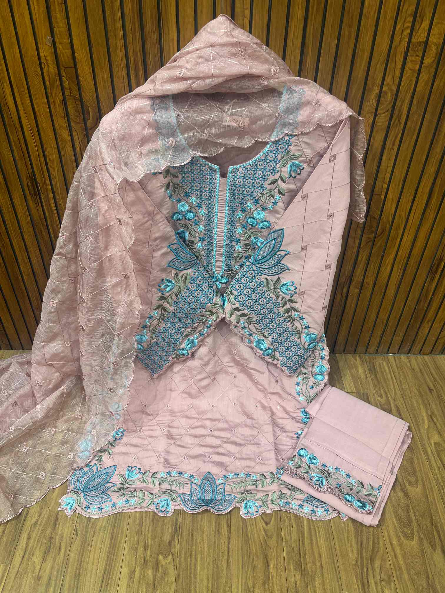 Blush Pink Floral Embroidered Designer Suit with Dupatta-0