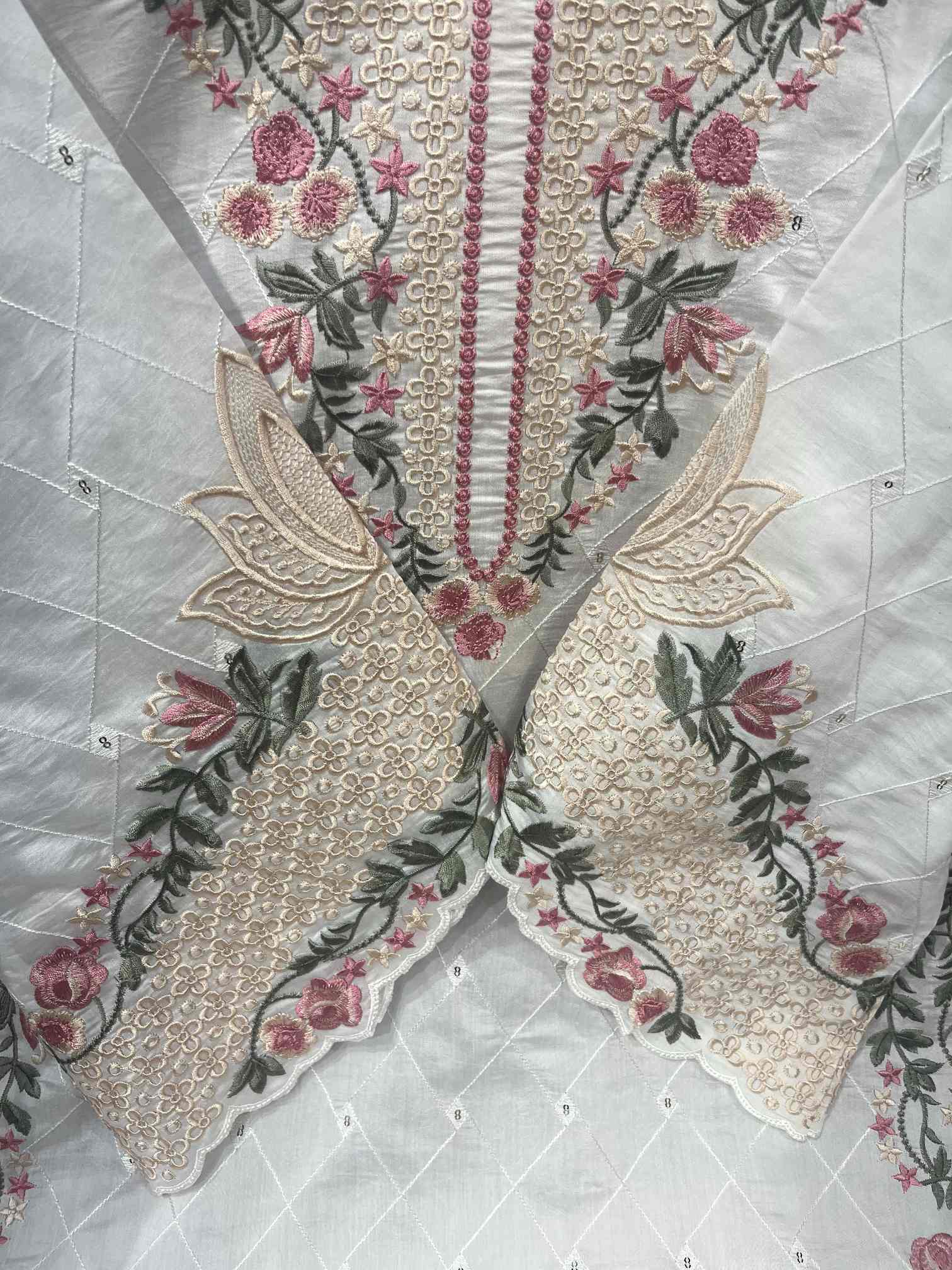 White Floral Embroidered Designer Suit with Organza Dupatta-1