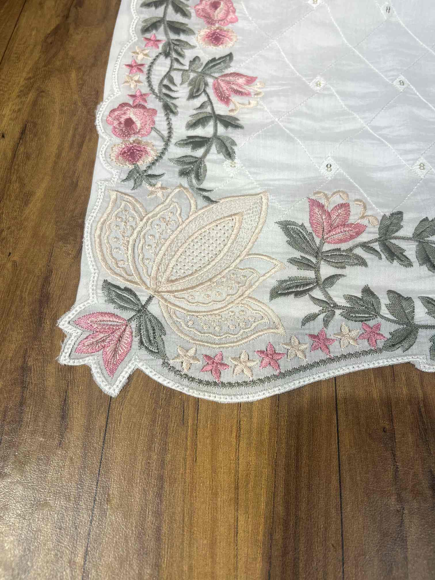 White Floral Embroidered Designer Suit with Organza Dupatta-2