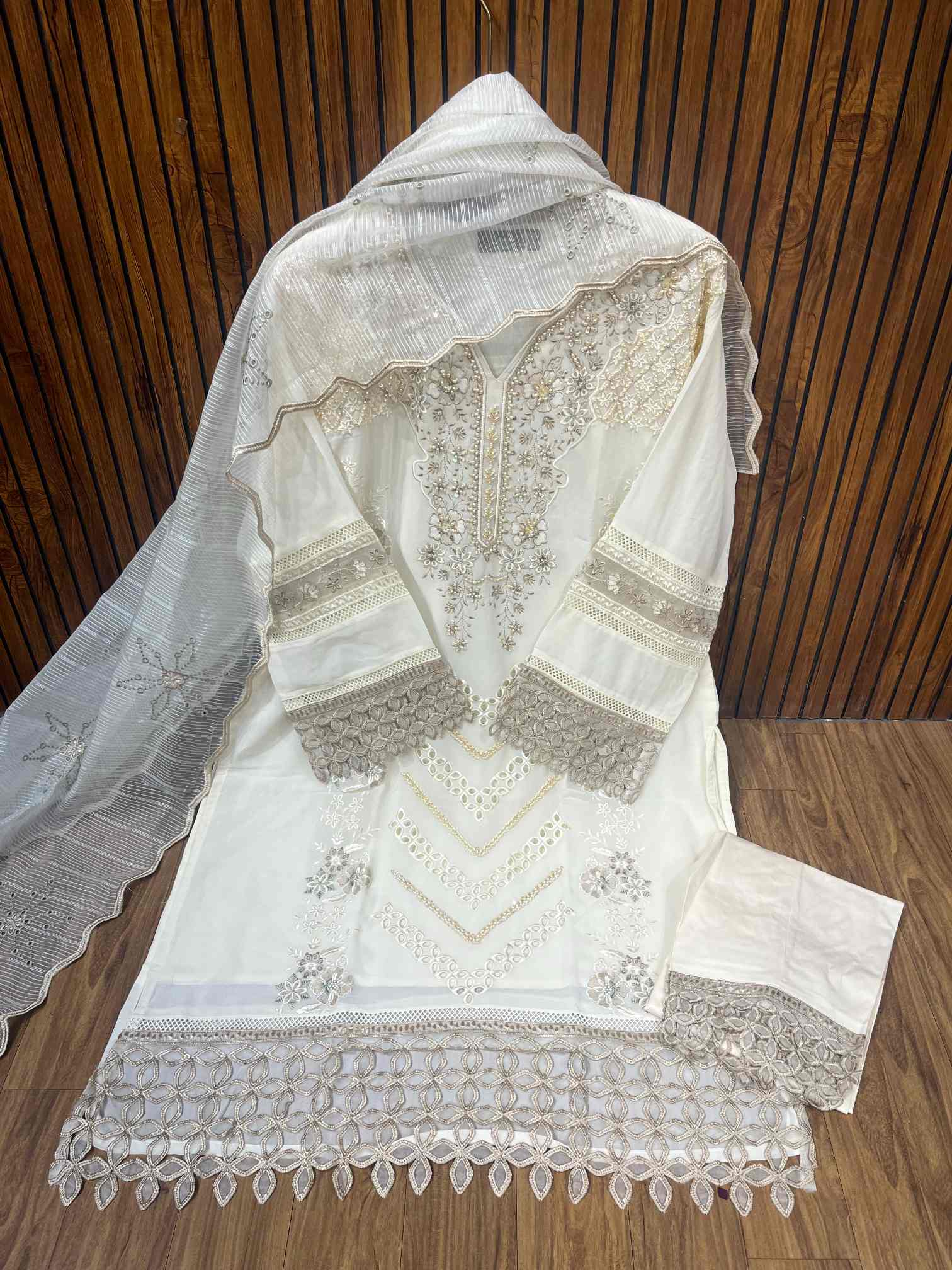Ivory White Luxury Embroidered Suit with Organza Dupatta-1