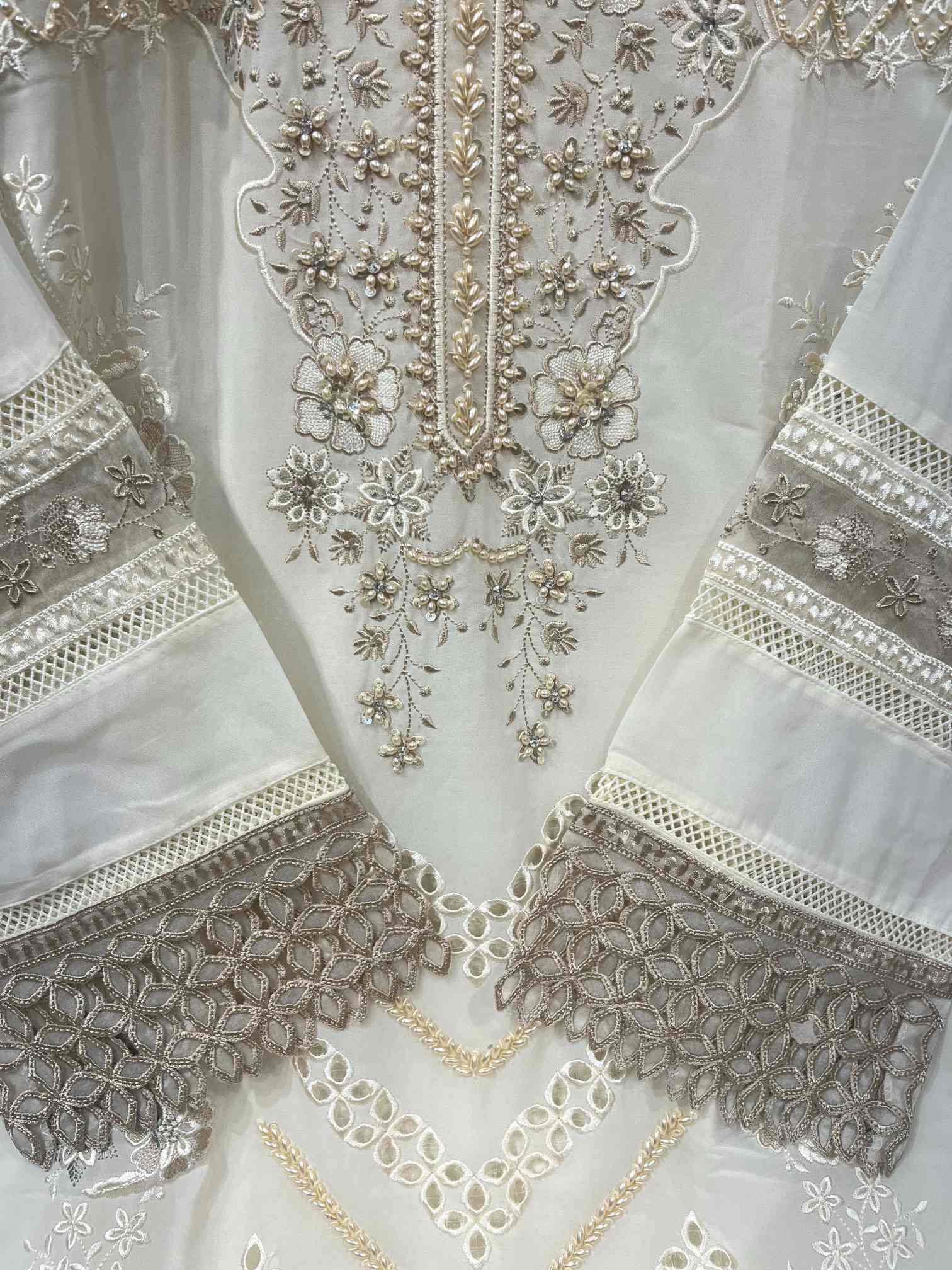 Ivory White Luxury Embroidered Suit with Organza Dupatta-2