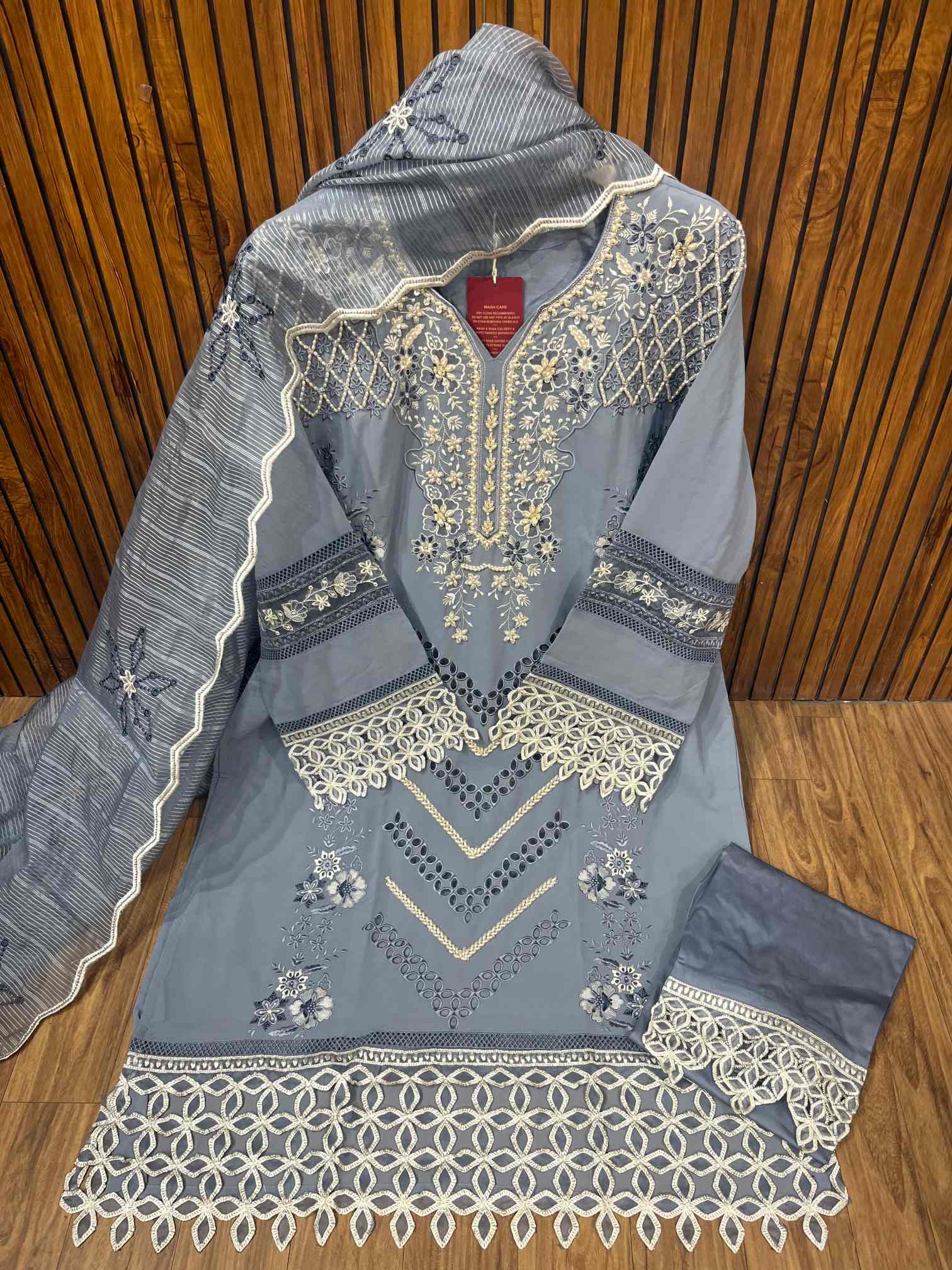 Steel Grey Luxury Embroidered Suit with Cutwork Lace Dupatta-0