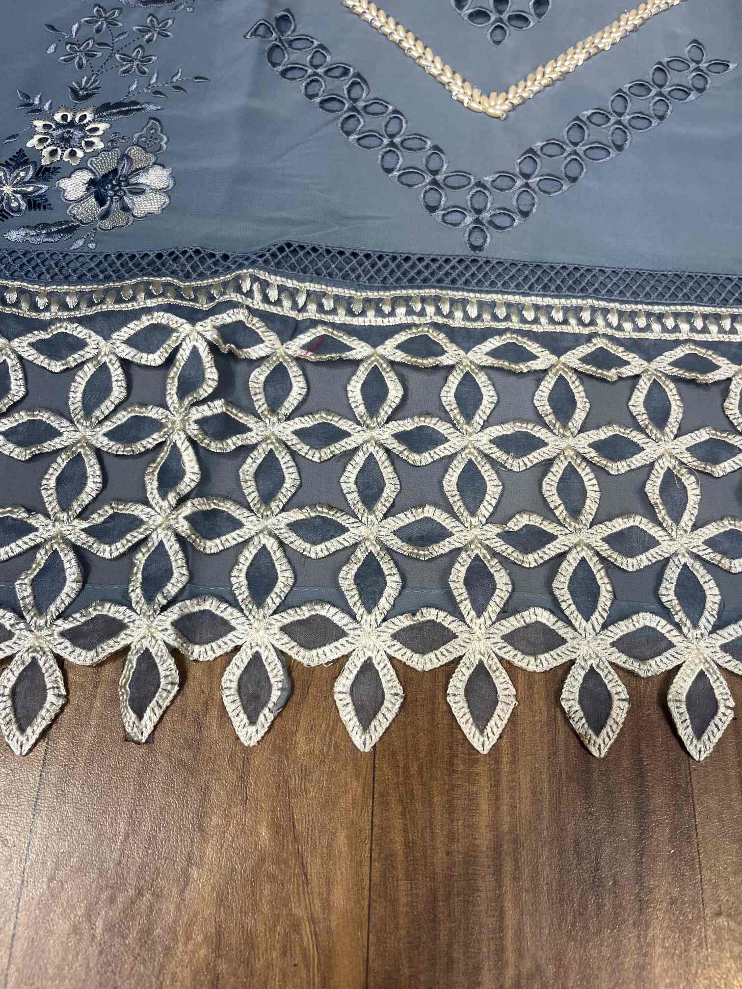 Steel Grey Luxury Embroidered Suit with Cutwork Lace Dupatta-1