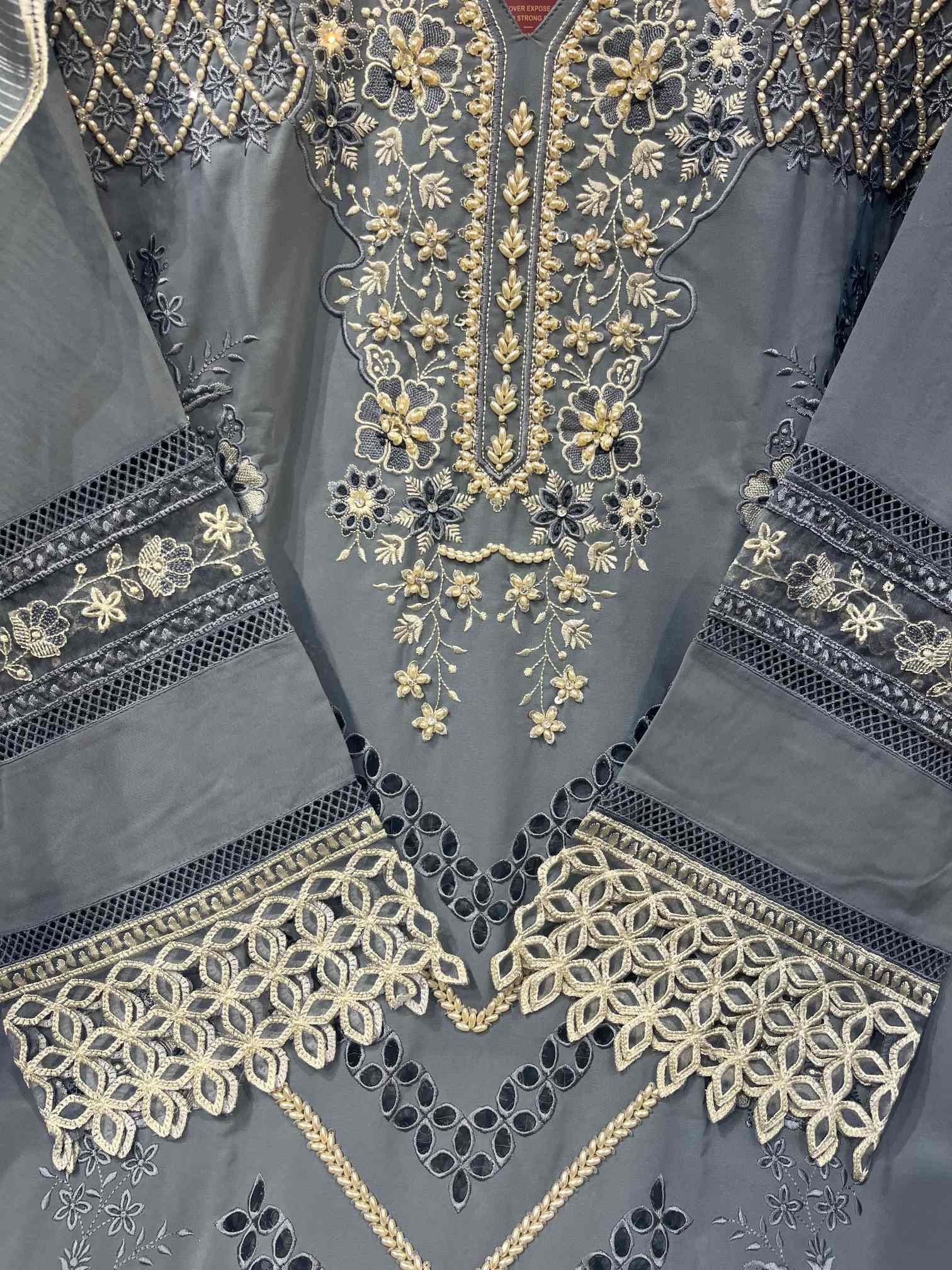 Steel Grey Luxury Embroidered Suit with Cutwork Lace Dupatta-2