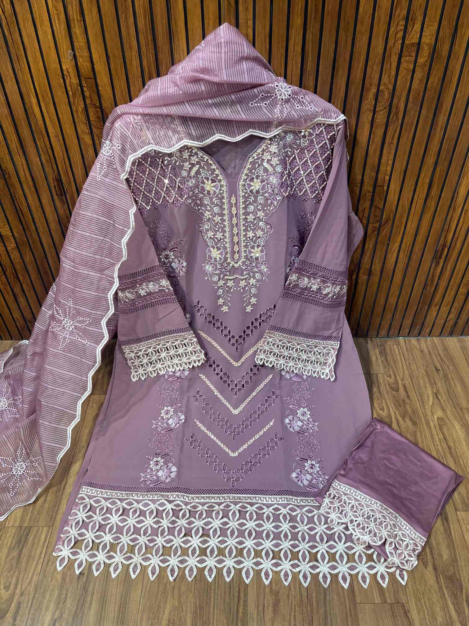 Dusty Mauve Luxury Embroidered Suit with Organza Dupatta-0