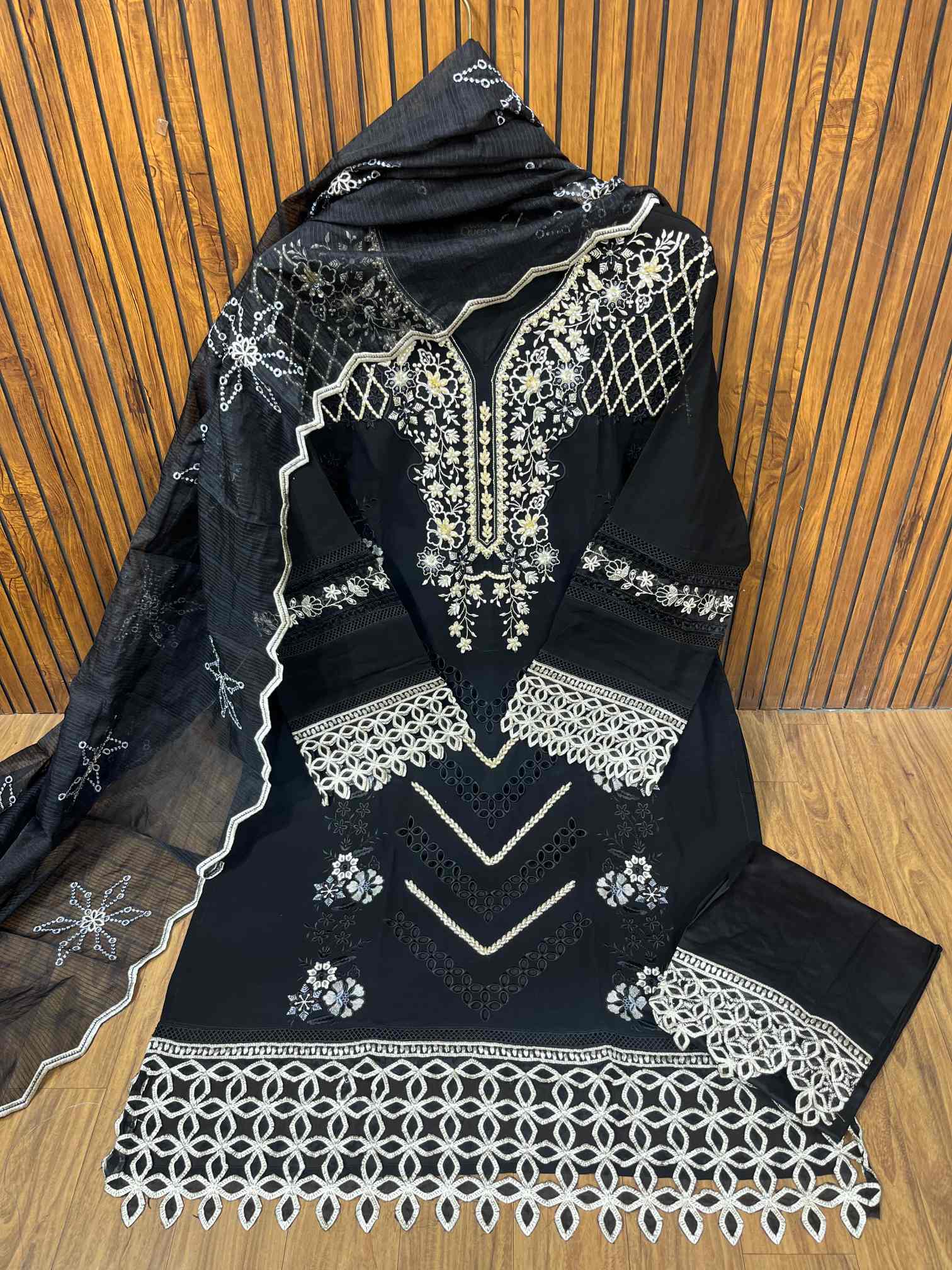 Black Luxury Embroidered Suit with Organza Dupatta-0