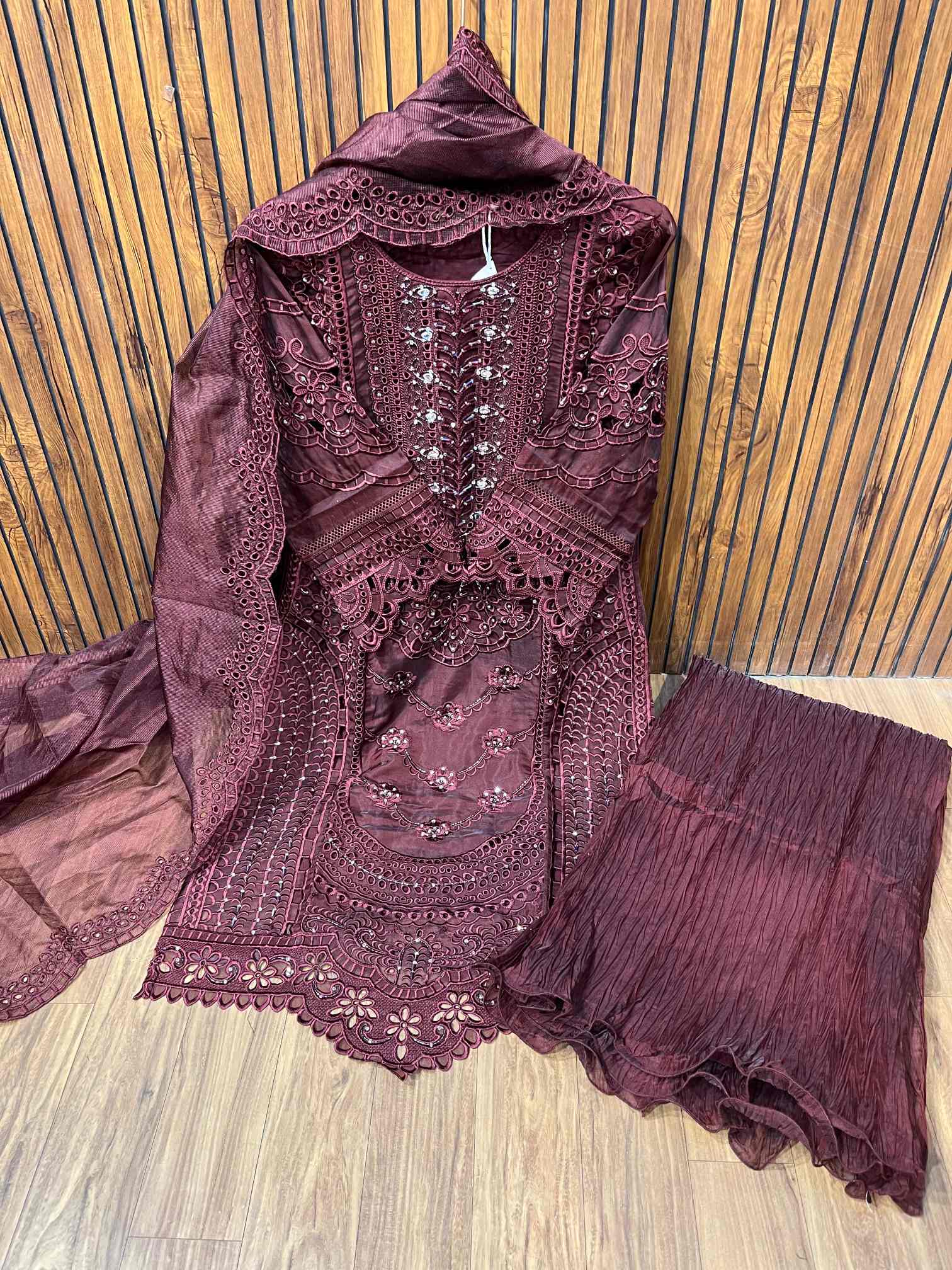 Wine Heavy Embroidered Party Wear Suit with Crushed Dupatta-0