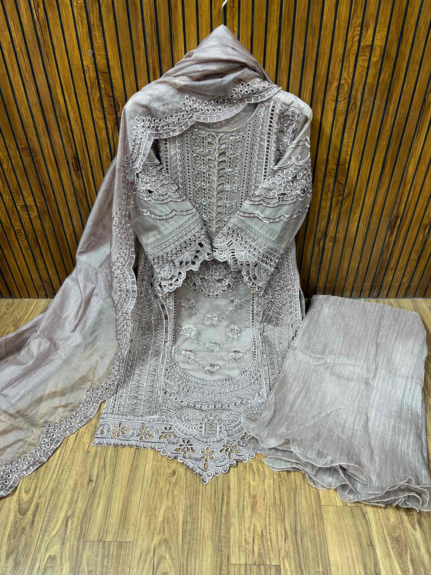 Silver Grey Heavy Embroidered Party Wear Suit with Crushed Dupatta-0