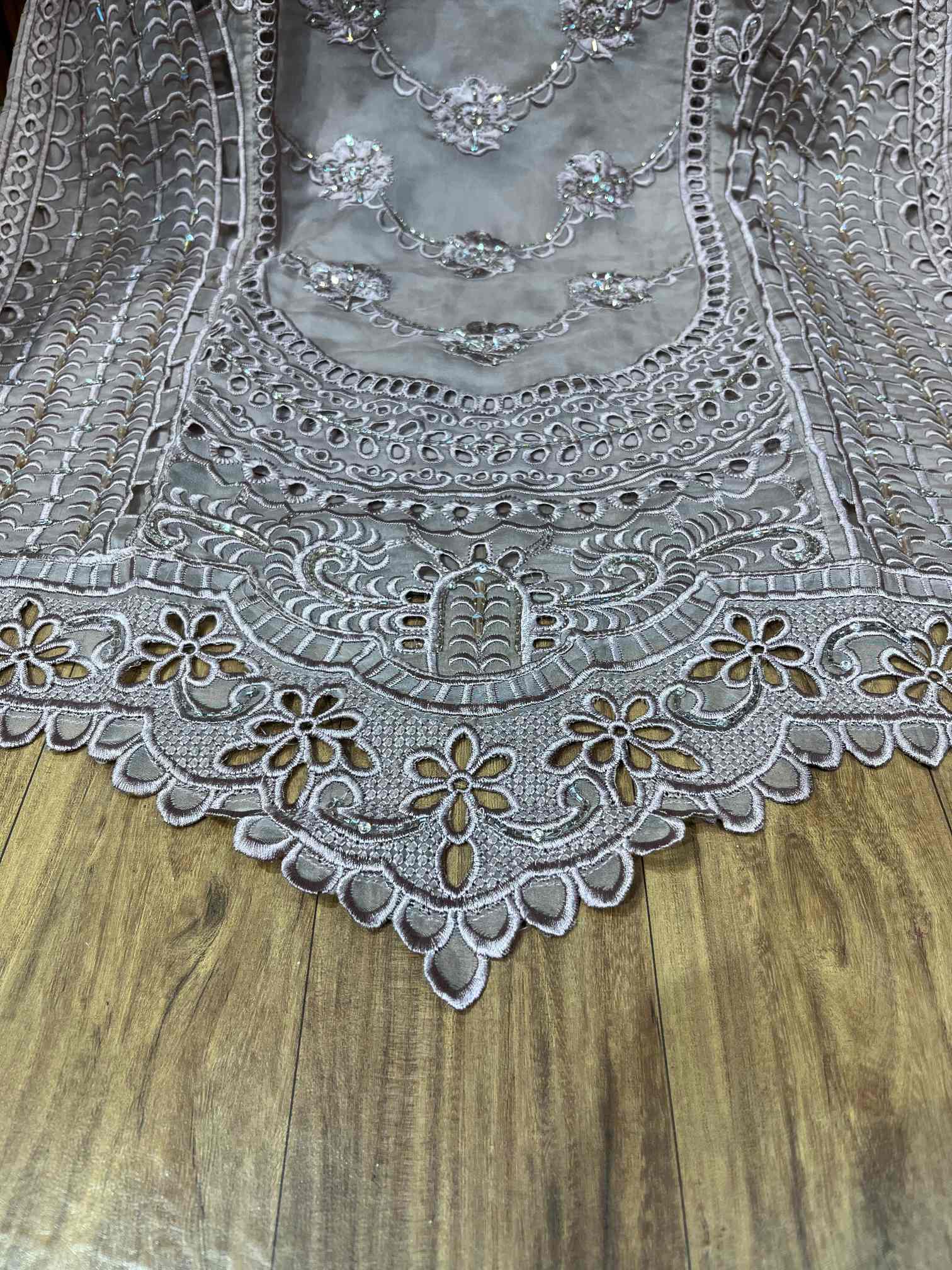 Silver Grey Heavy Embroidered Party Wear Suit with Crushed Dupatta-2