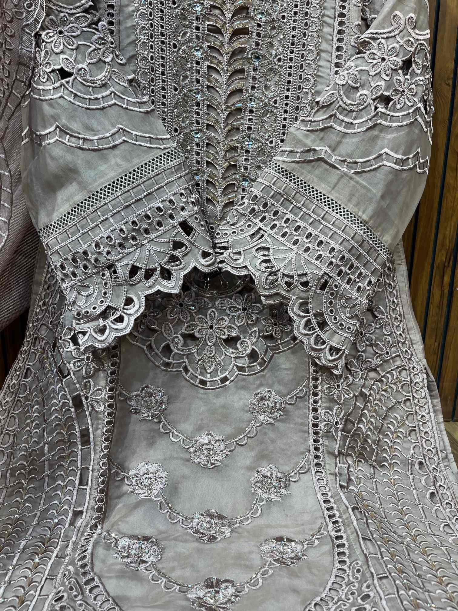 Silver Grey Heavy Embroidered Party Wear Suit with Crushed Dupatta-3