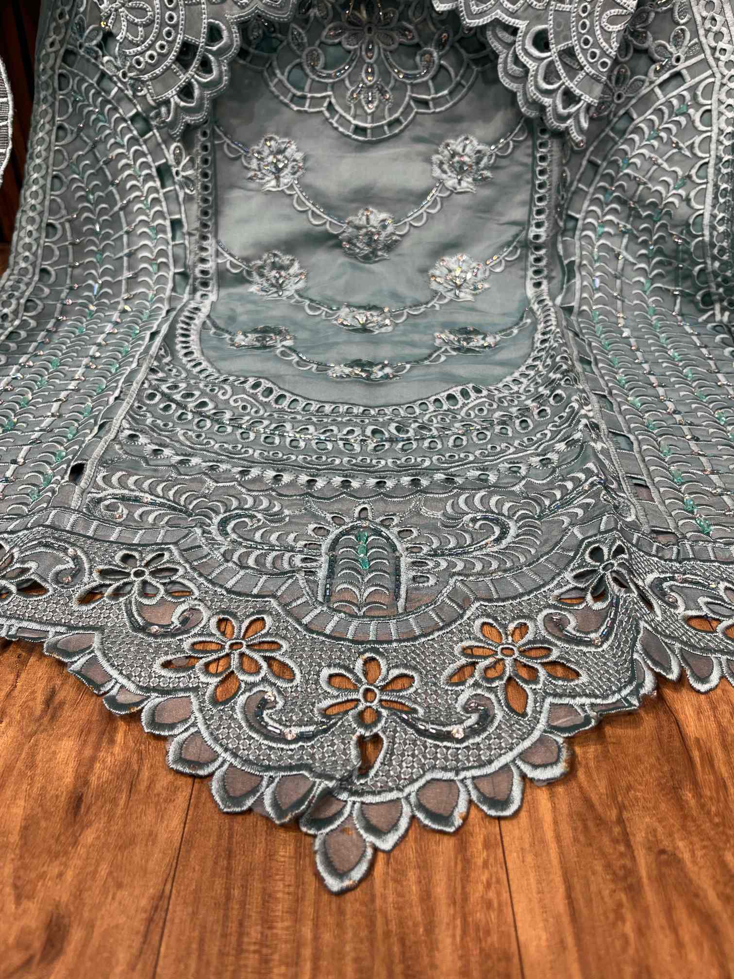 Sea Green Heavy Embroidered Luxury Party Wear Suit with Crushed Dupatta-3