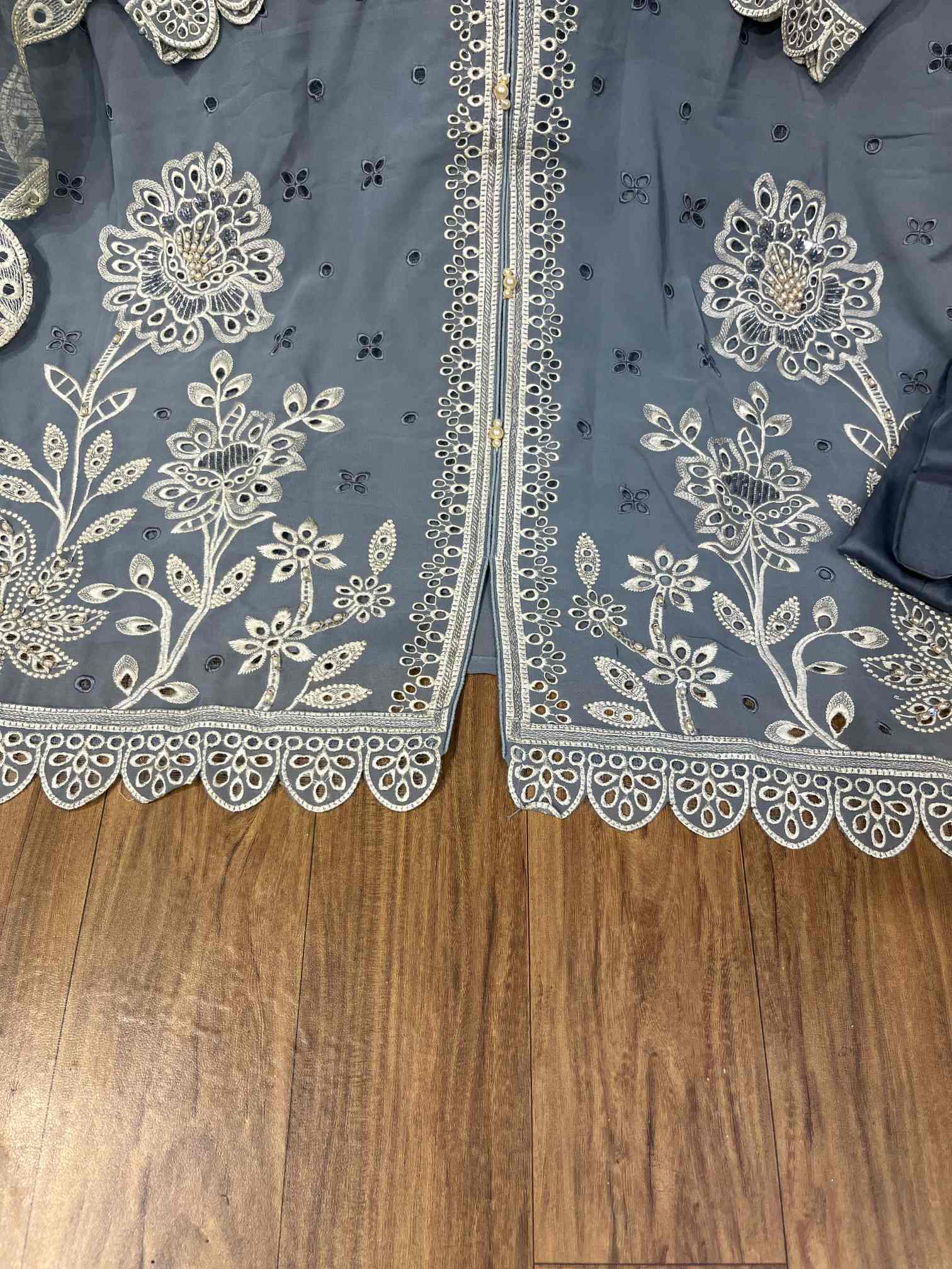 Steel Grey Embroidered Designer Suit with Pearl Work Dupatta-1