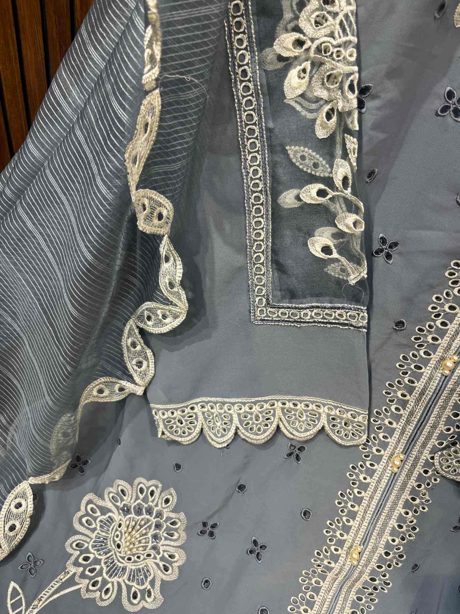 Steel Grey Embroidered Designer Suit with Pearl Work Dupatta-4
