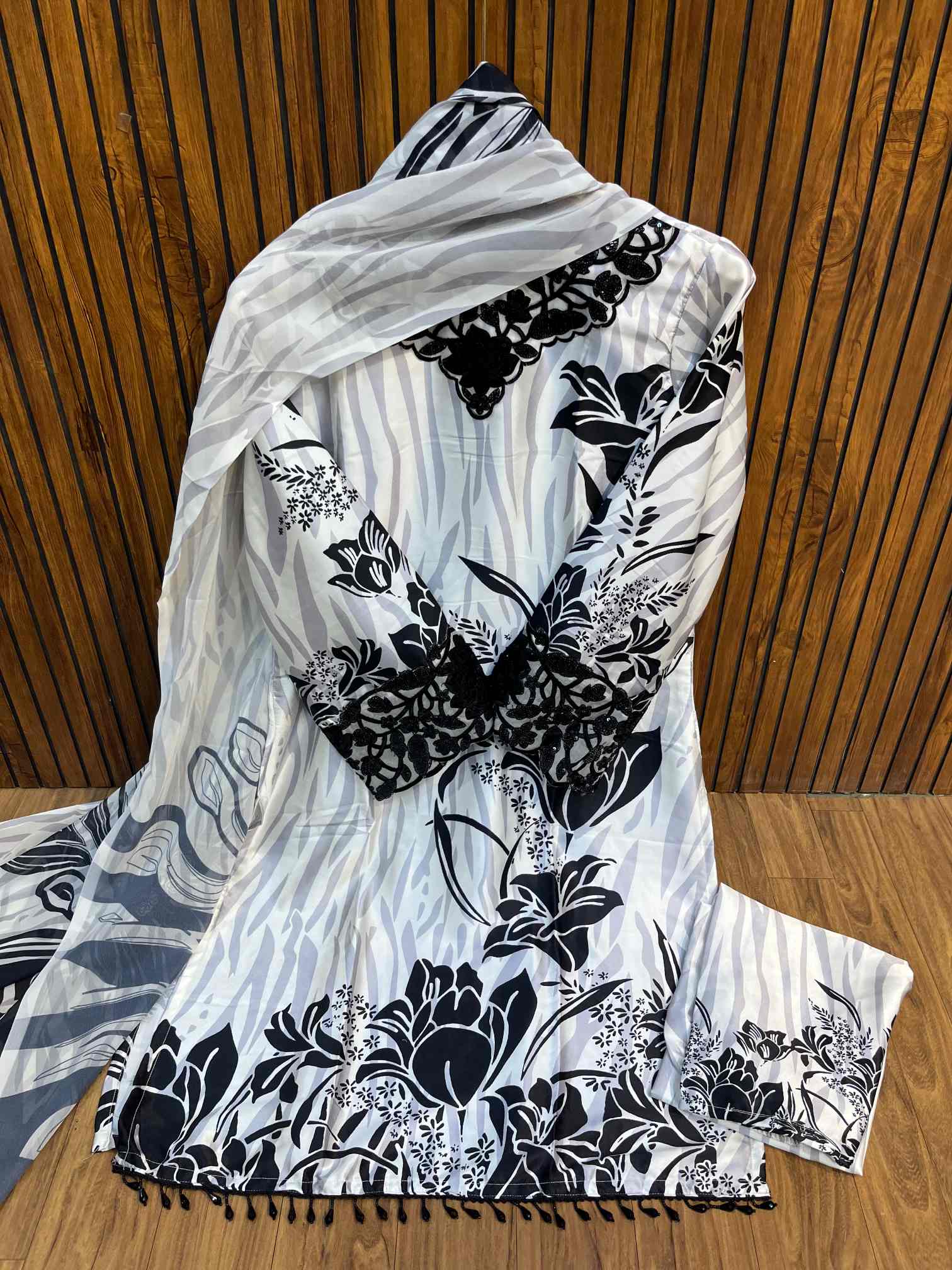 Elegant silver & Black Floral Printed Suit with Premium Embroidered Lace-0