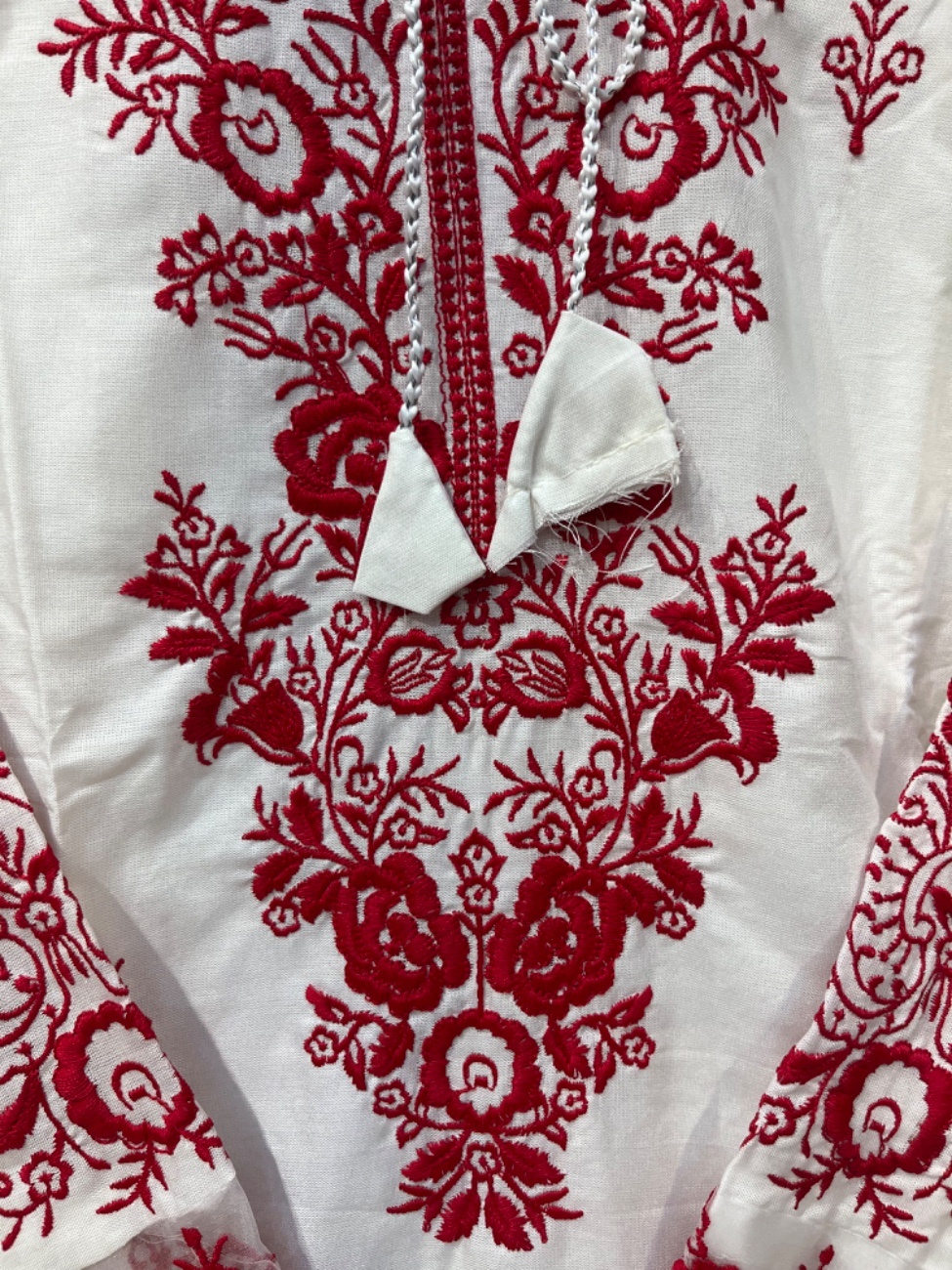 Elegant white rayon suit with heavy red floral embroidery work-1