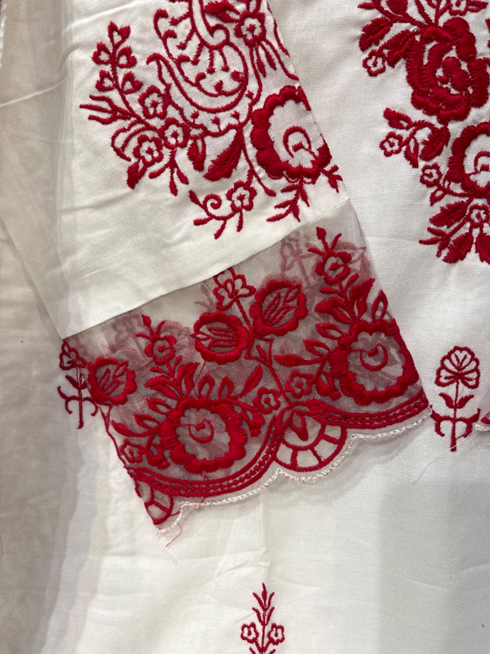 Elegant white rayon suit with heavy red floral embroidery work-3