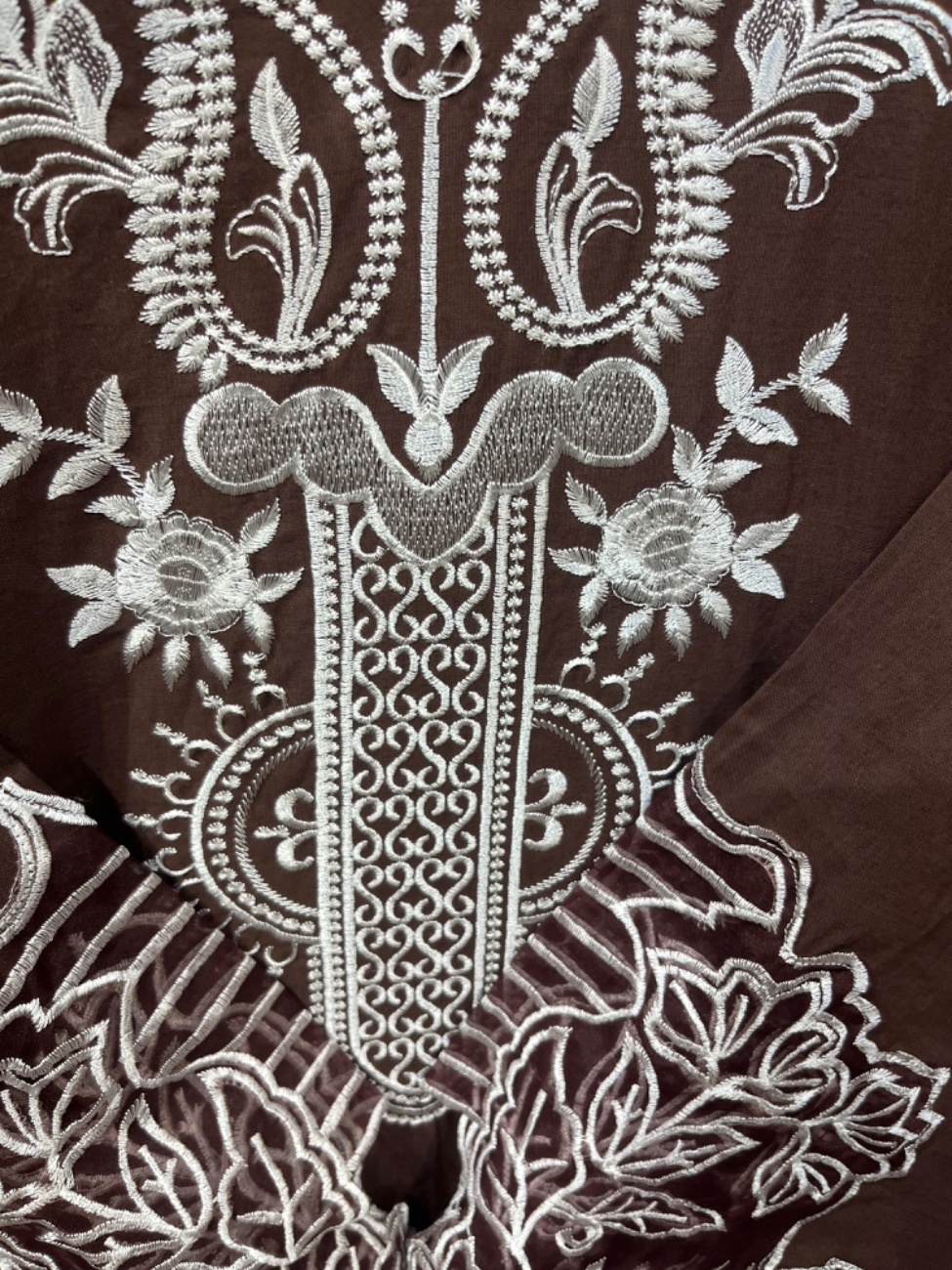 Brown Rayon embroidery work on neck sleeve and cutwork on daman and dupatta-1