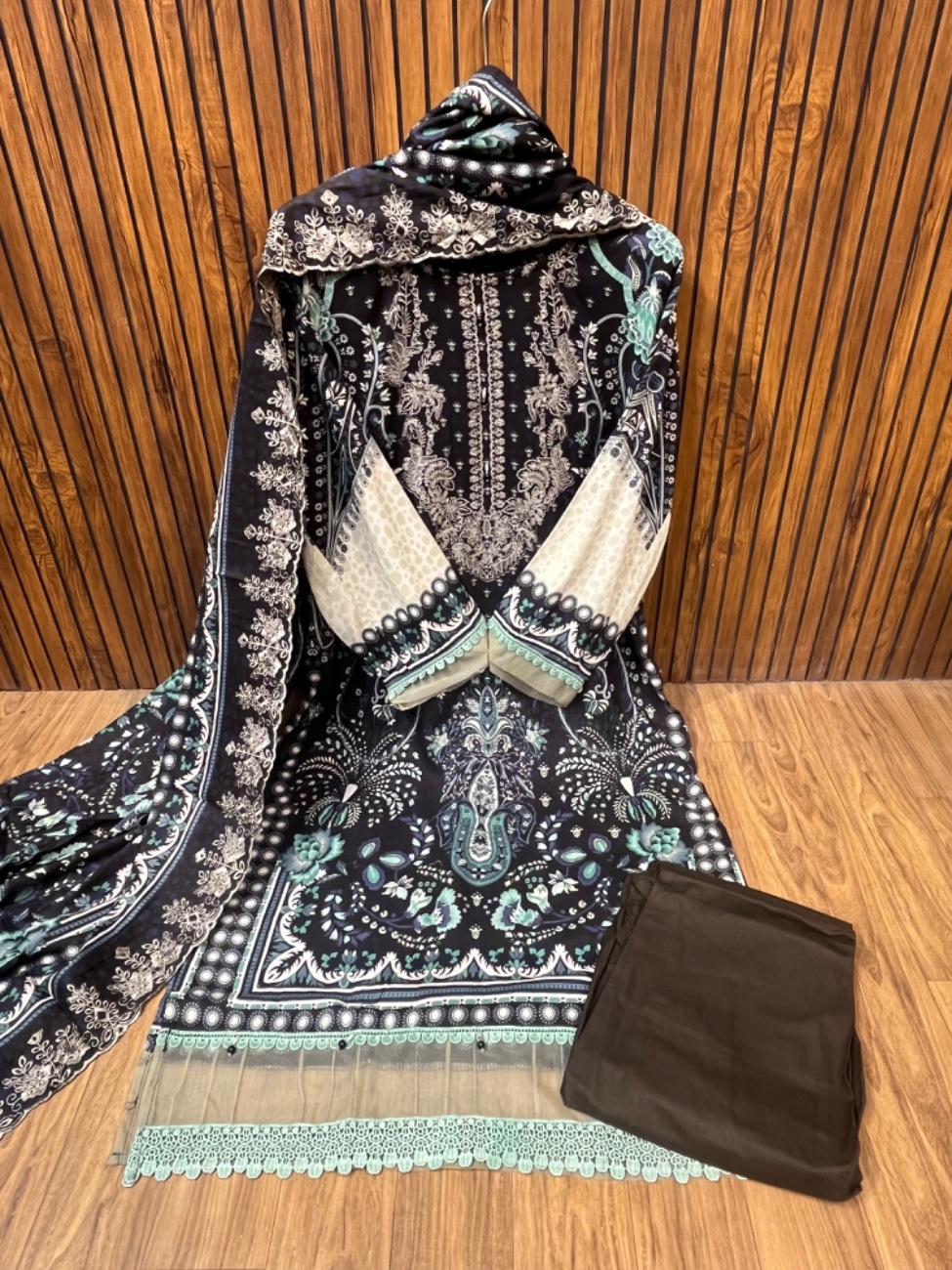 black shade with sea green lace shade with elegant digital paisley and floral print-0