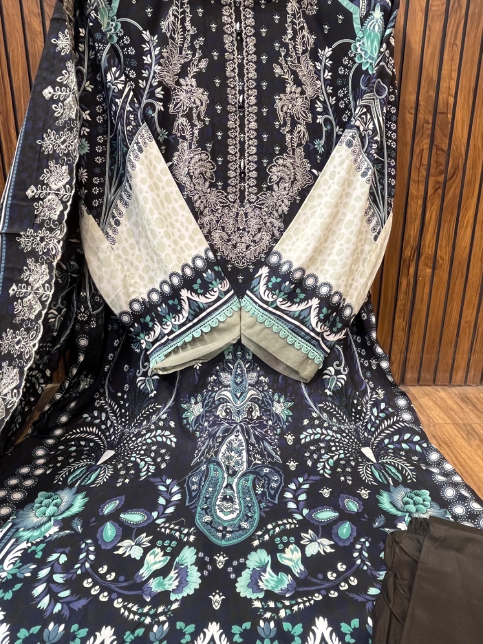 black shade with sea green lace shade with elegant digital paisley and floral print-1