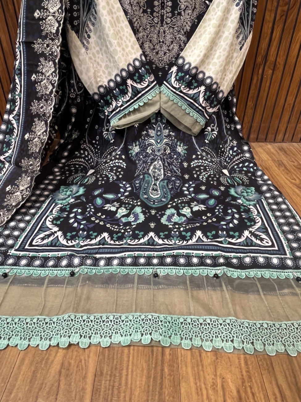 black shade with sea green lace shade with elegant digital paisley and floral print-2